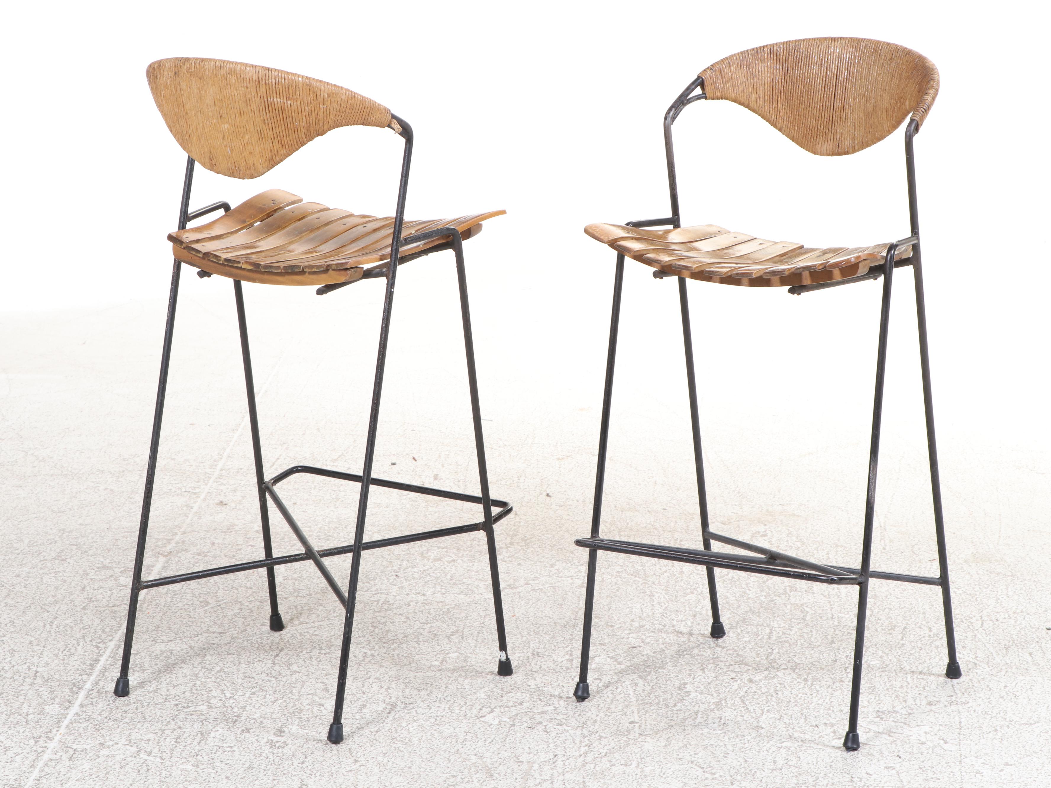 Five Slat-Seat Barstools, Manner of Arthur Umanoff, with Granite-Tiled Table