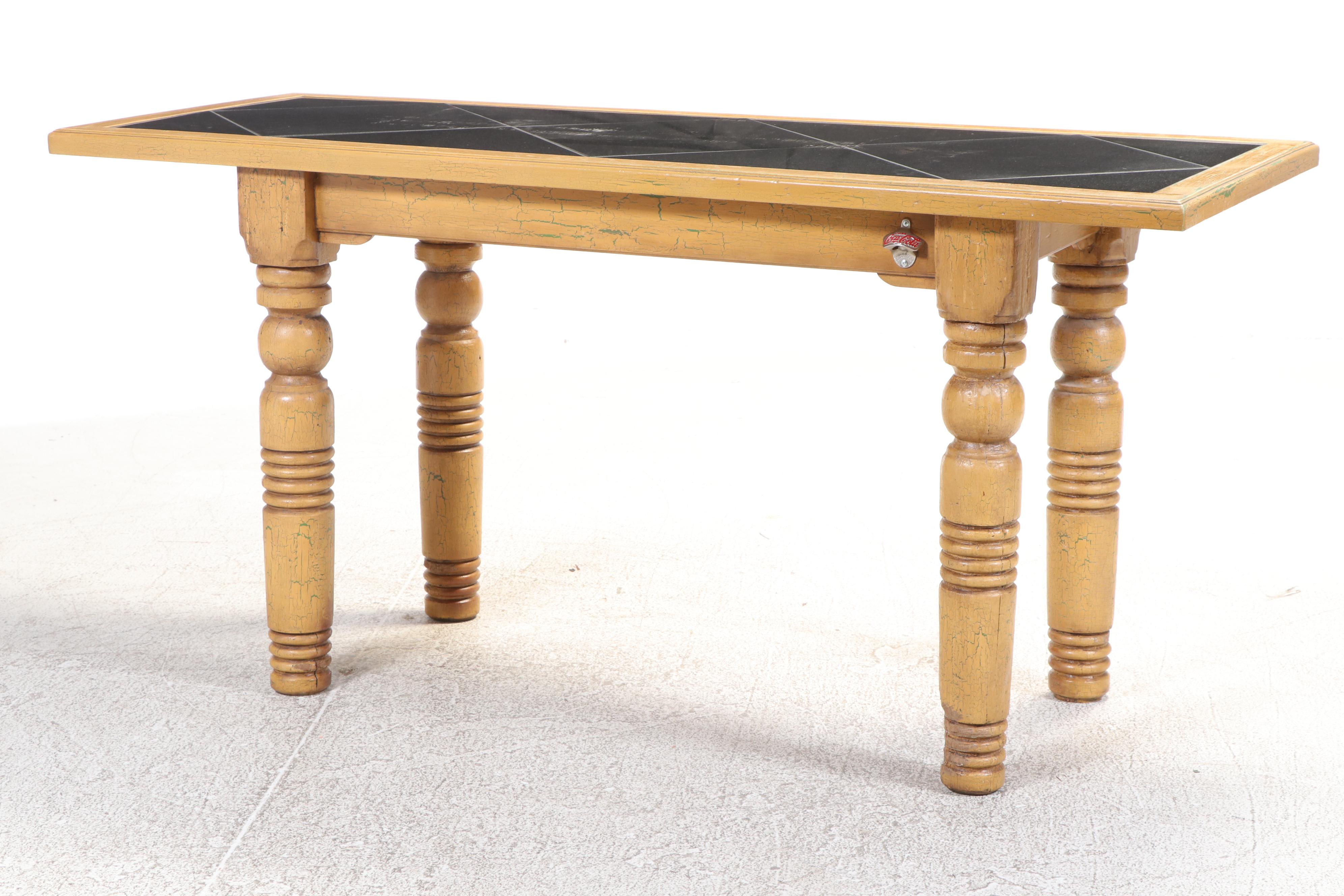 Five Slat-Seat Barstools, Manner of Arthur Umanoff, with Granite-Tiled Table