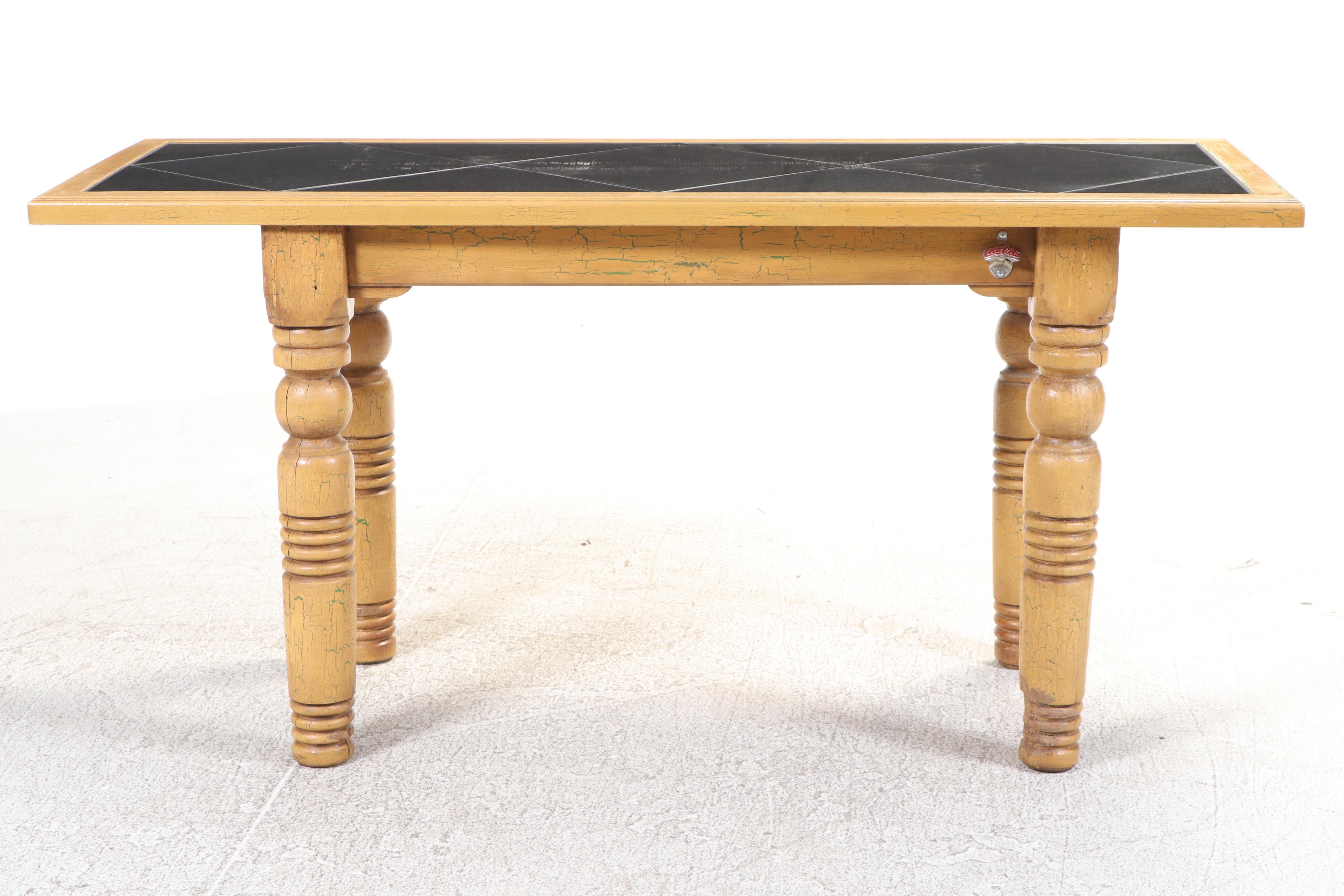 Five Slat-Seat Barstools, Manner of Arthur Umanoff, with Granite-Tiled Table