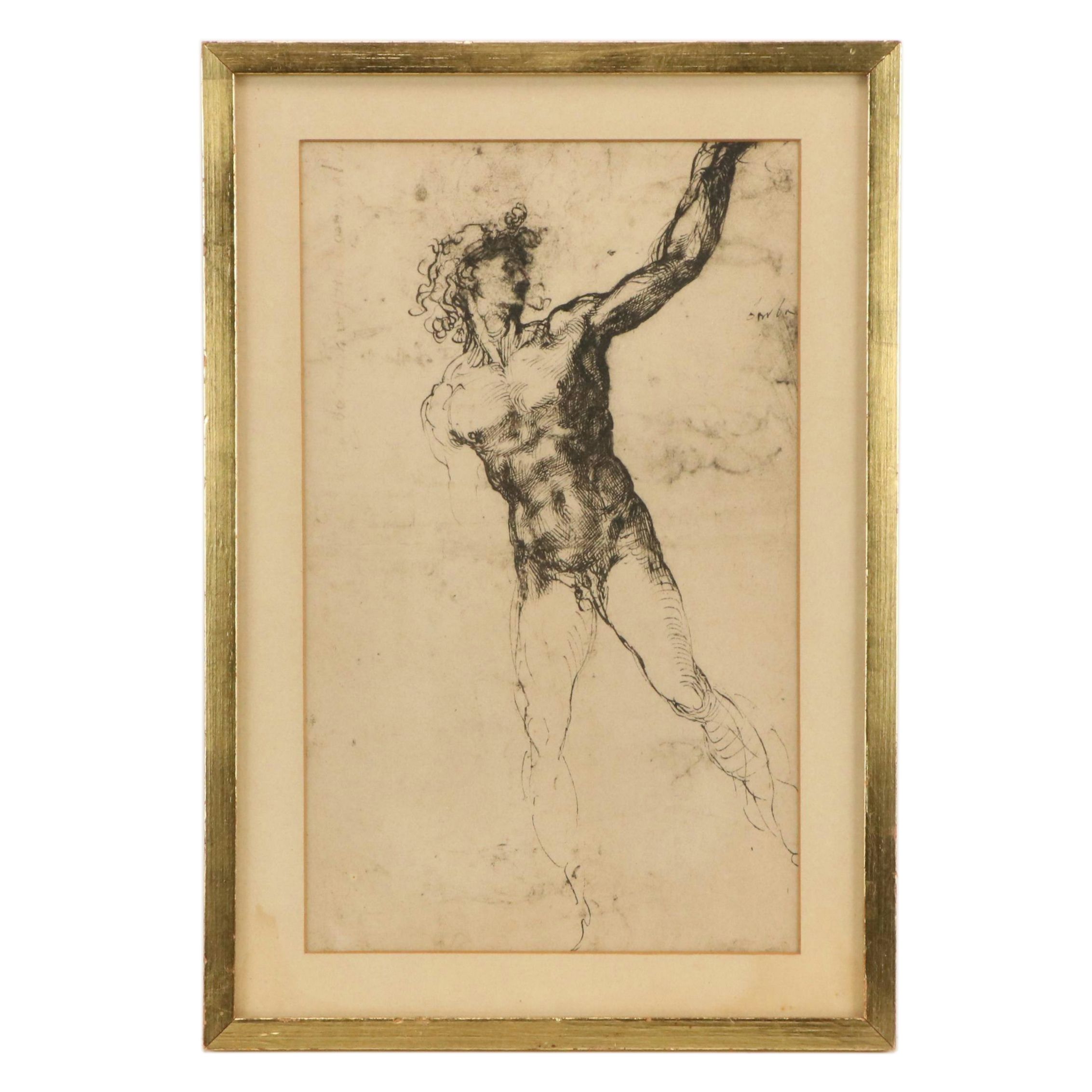 Lithograph of Male Nude Study After Michelangelo