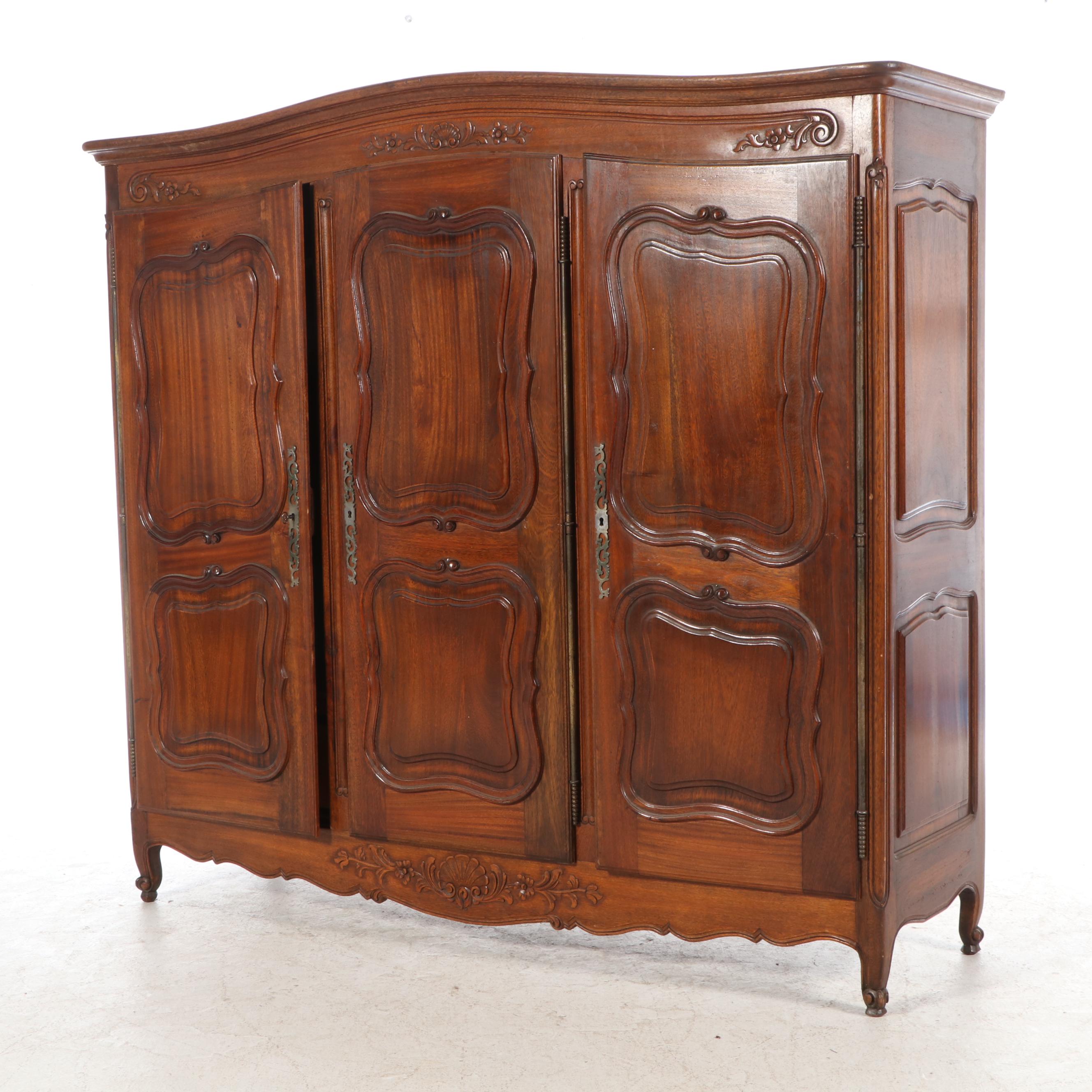 French Provincial Carved Walnut Triple-Door Armoire, Early 20th Century