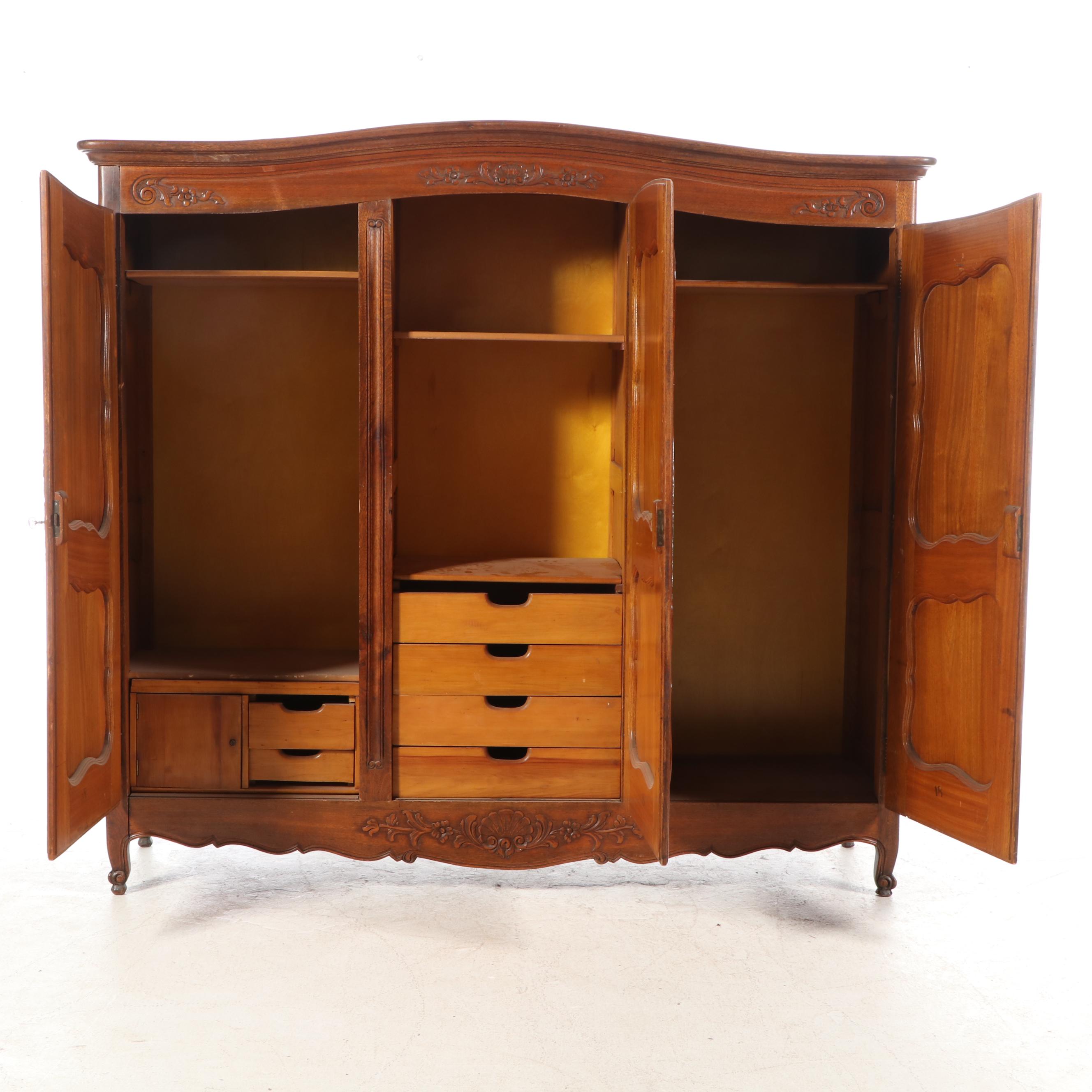 French Provincial Carved Walnut Triple-Door Armoire, Early 20th Century
