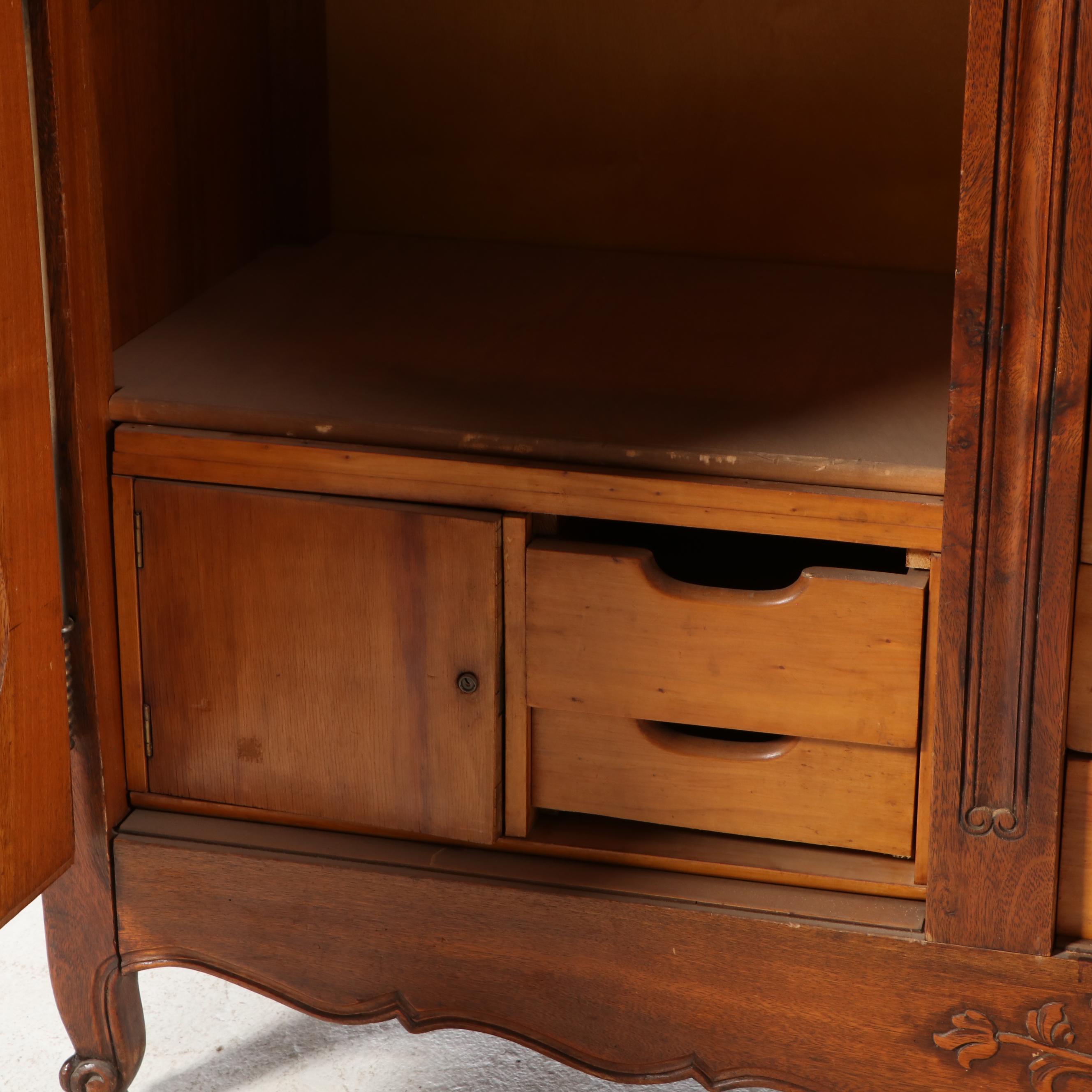 French Provincial Carved Walnut Triple-Door Armoire, Early 20th Century