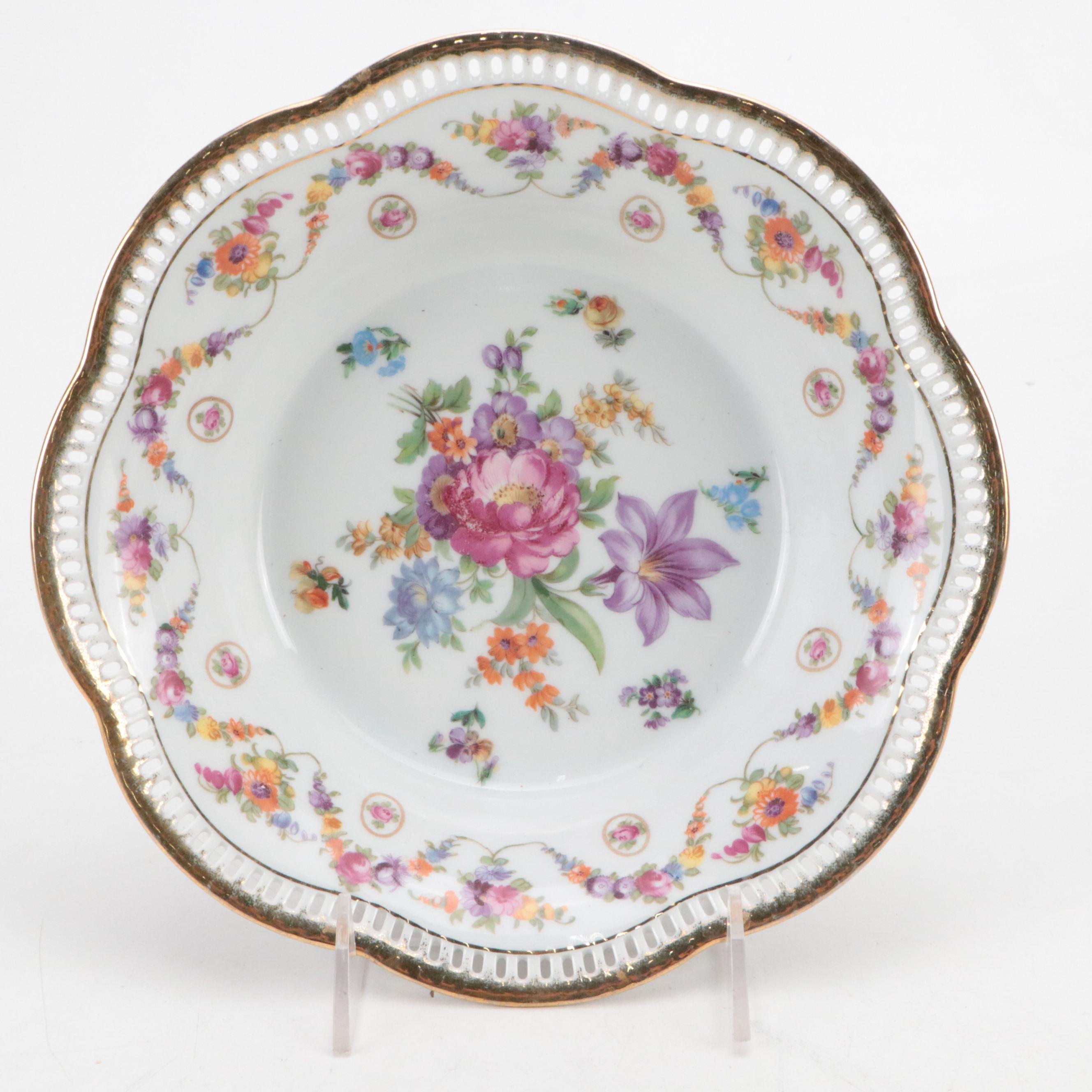Schumann "Dresden Flowers" Gilt Porcelain Bowls with Reticulated Bowl, 20th C.