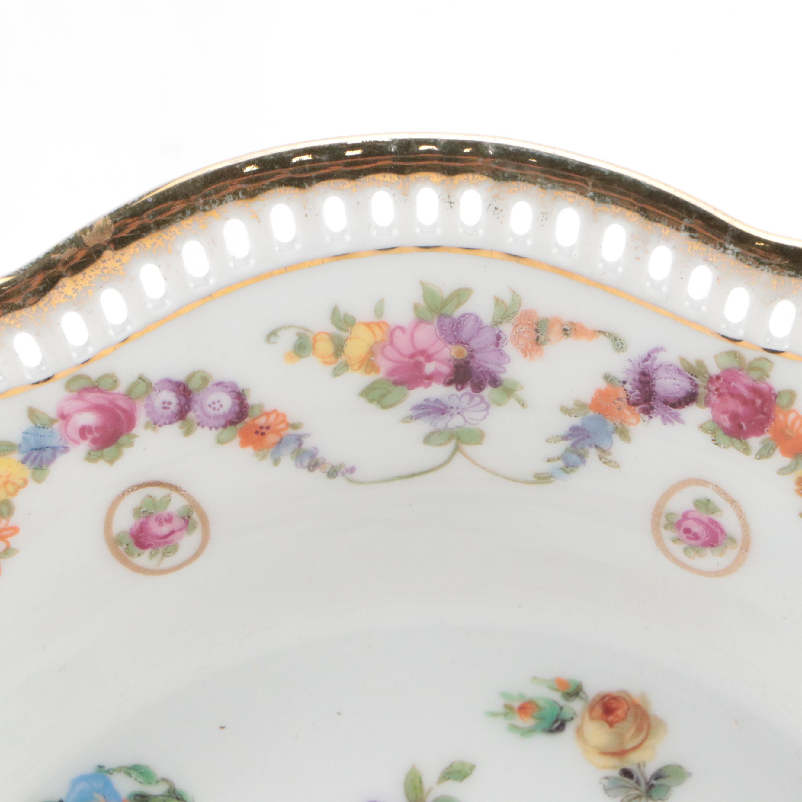 Schumann "Dresden Flowers" Gilt Porcelain Bowls with Reticulated Bowl, 20th C.