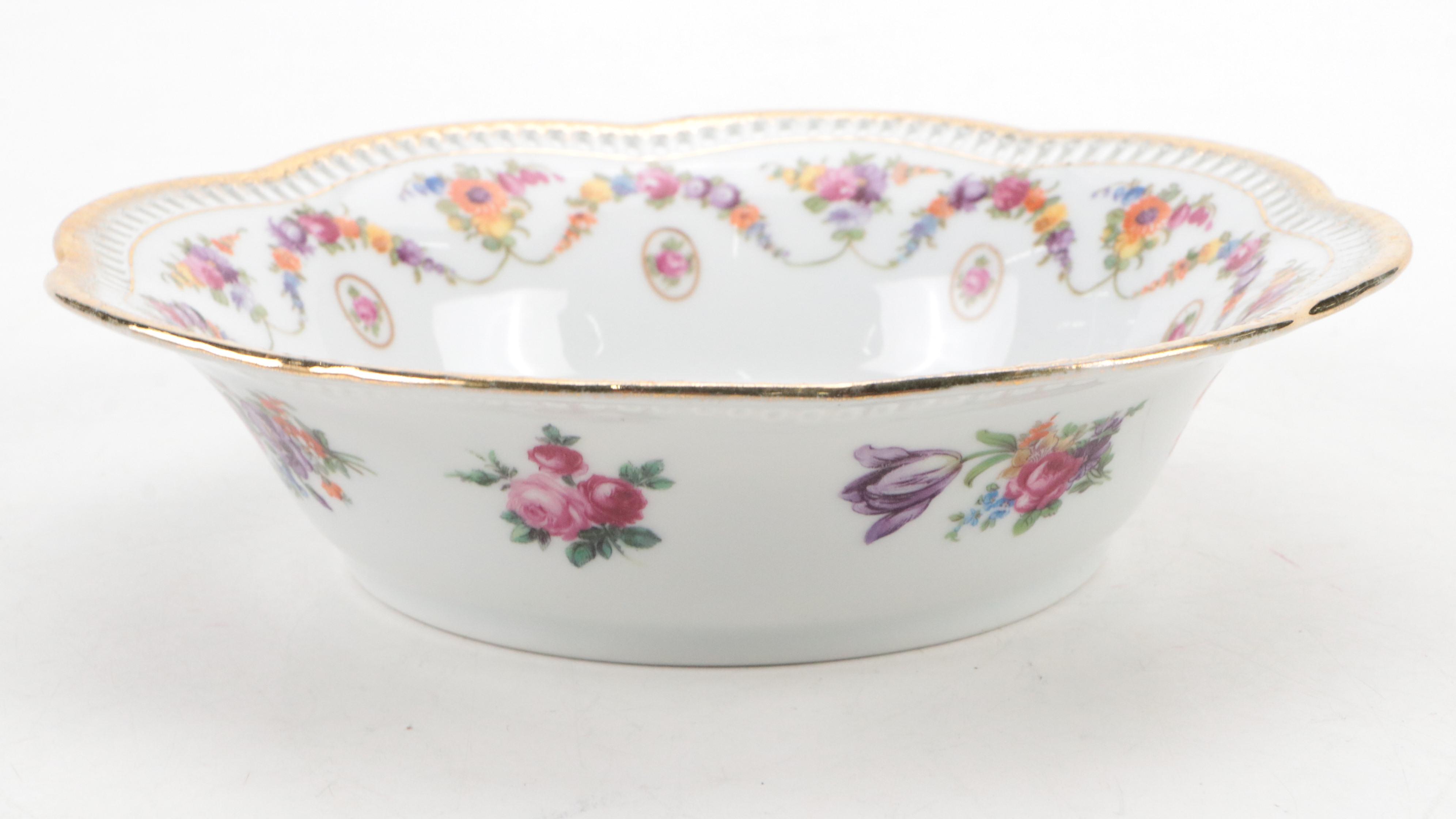Schumann "Dresden Flowers" Gilt Porcelain Bowls with Reticulated Bowl, 20th C.