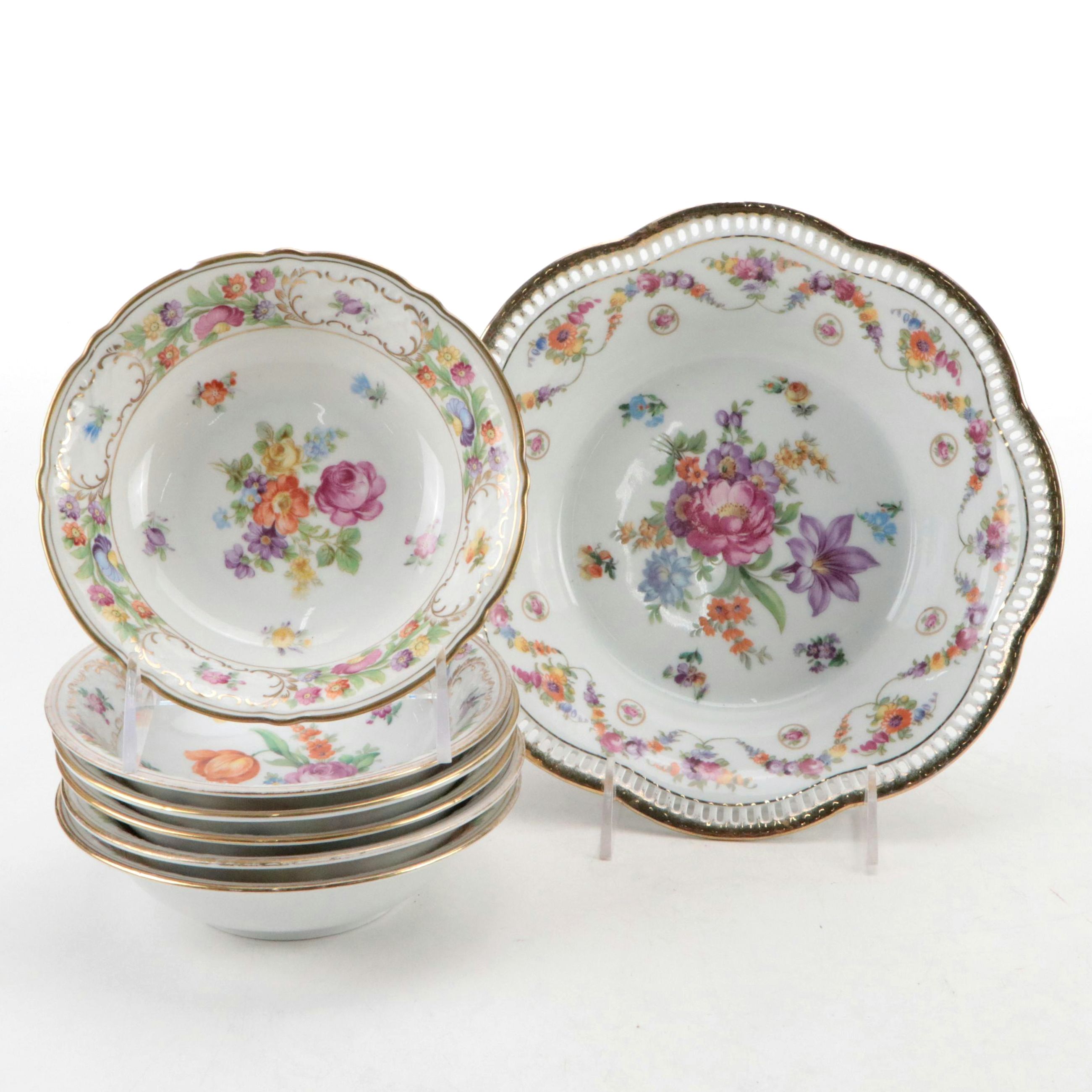 Schumann "Dresden Flowers" Gilt Porcelain Bowls with Reticulated Bowl, 20th C.