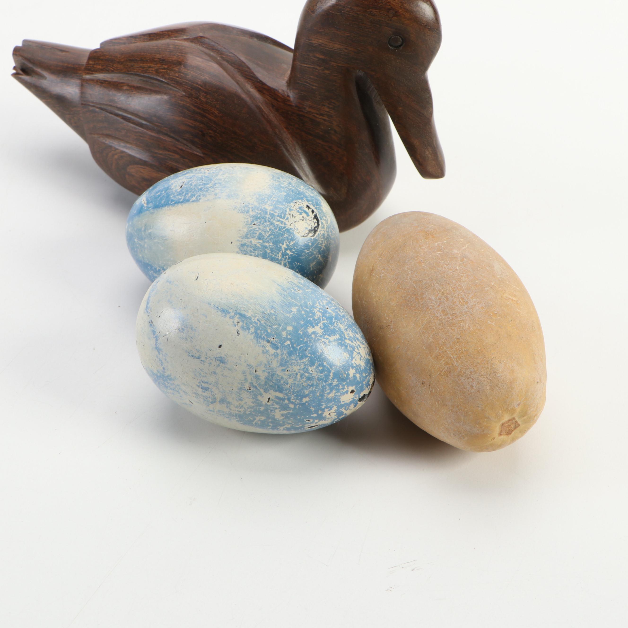 Finished Wood Duck Paperweight with German Ceramic Penguin and More