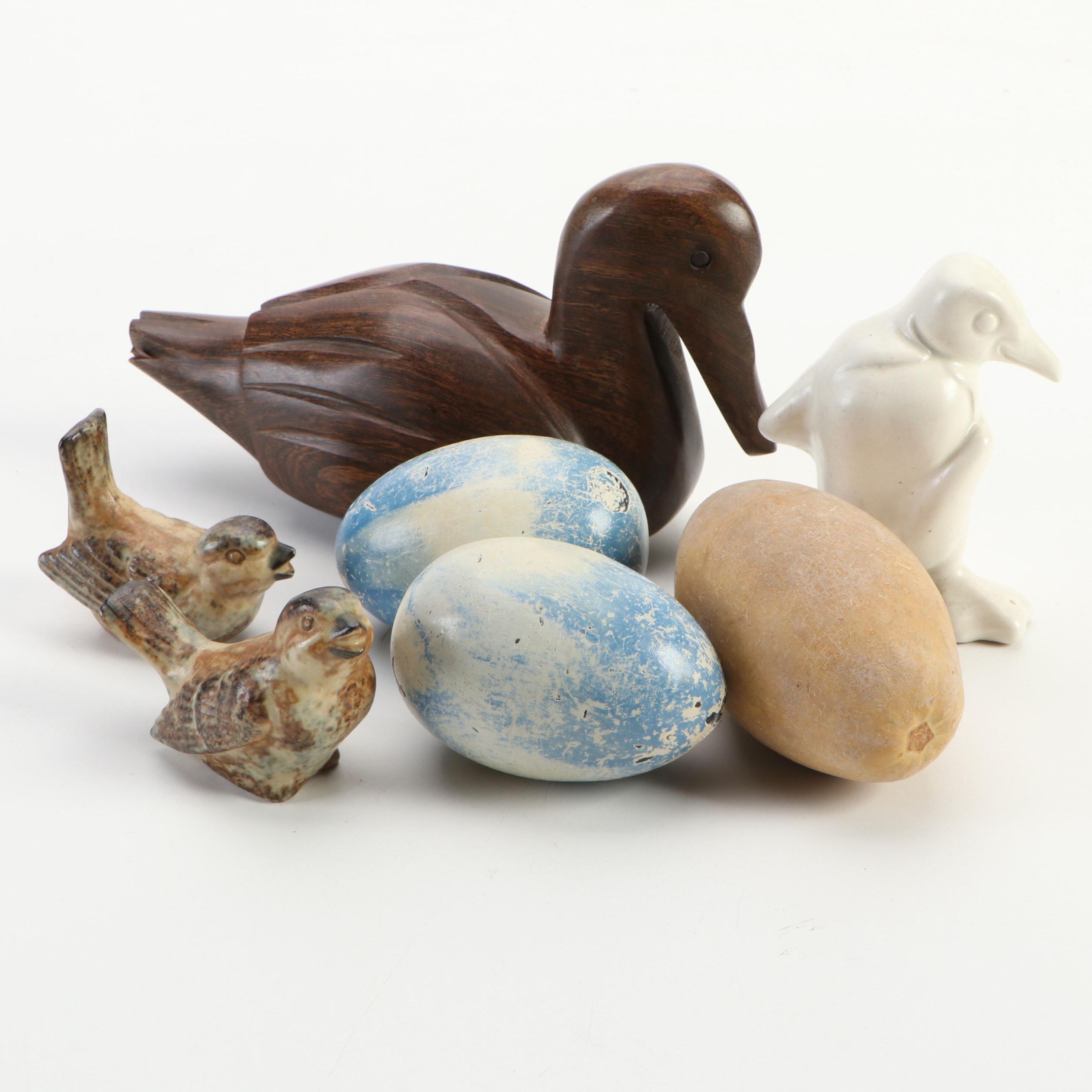 Finished Wood Duck Paperweight with German Ceramic Penguin and More