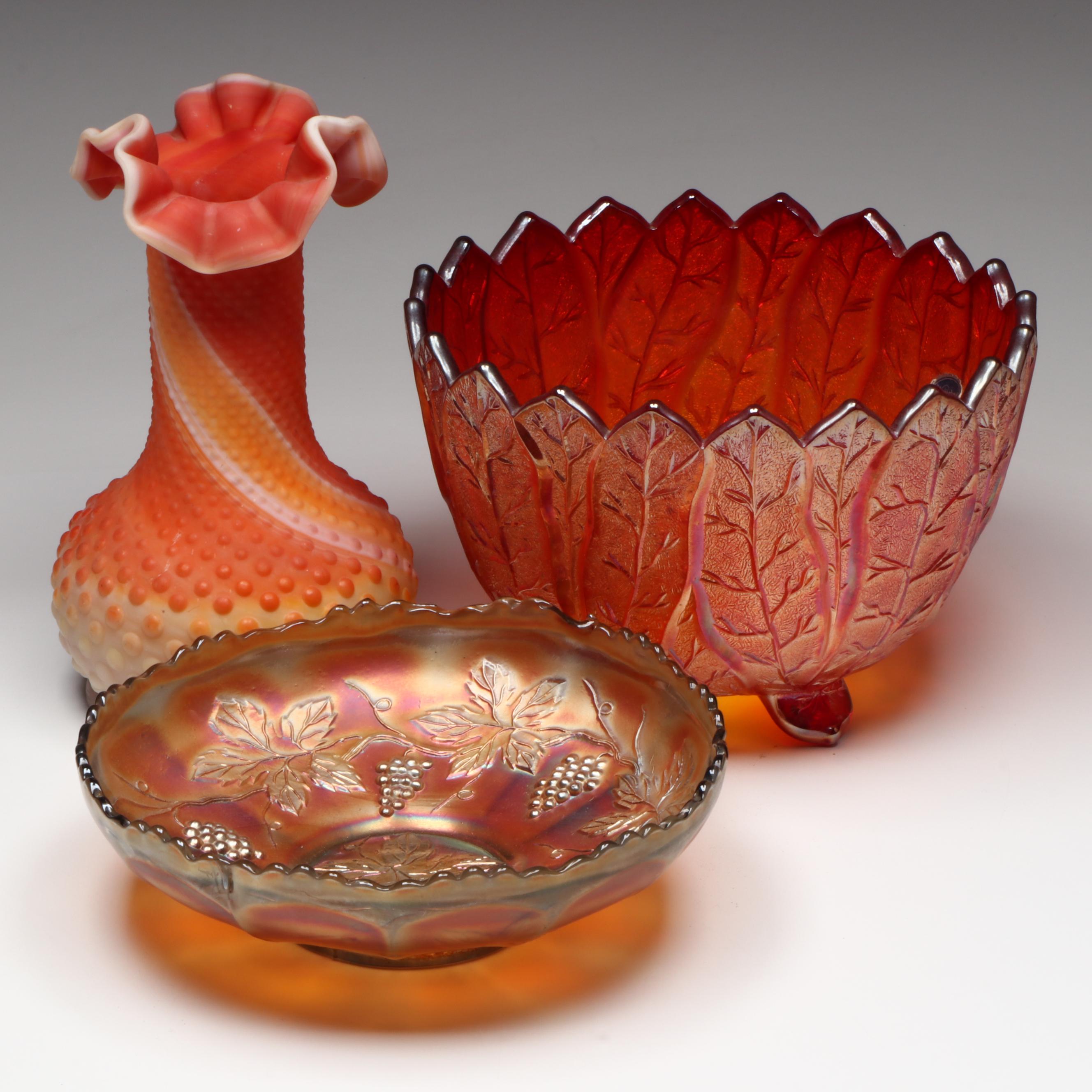 Imperial and Fenton Glass Bowls with Hobnail Vase, Mid to Late 20th Century