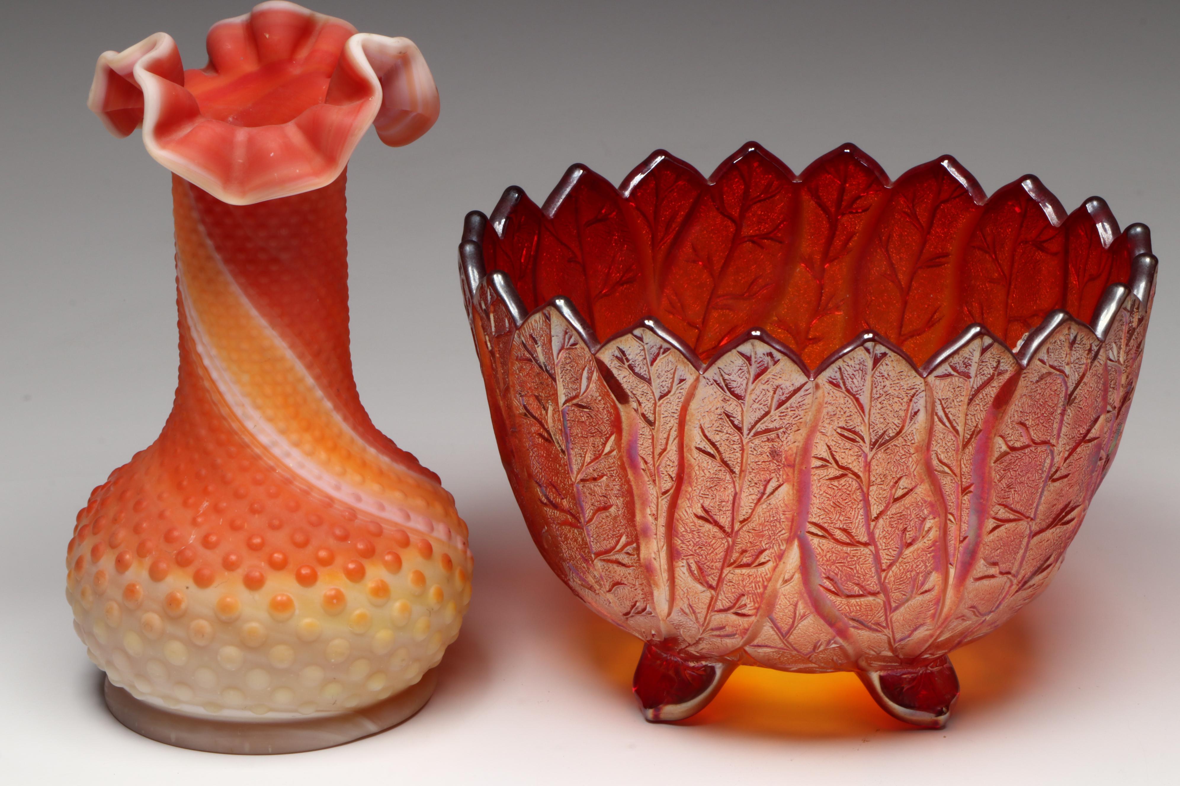 Imperial and Fenton Glass Bowls with Hobnail Vase, Mid to Late 20th Century