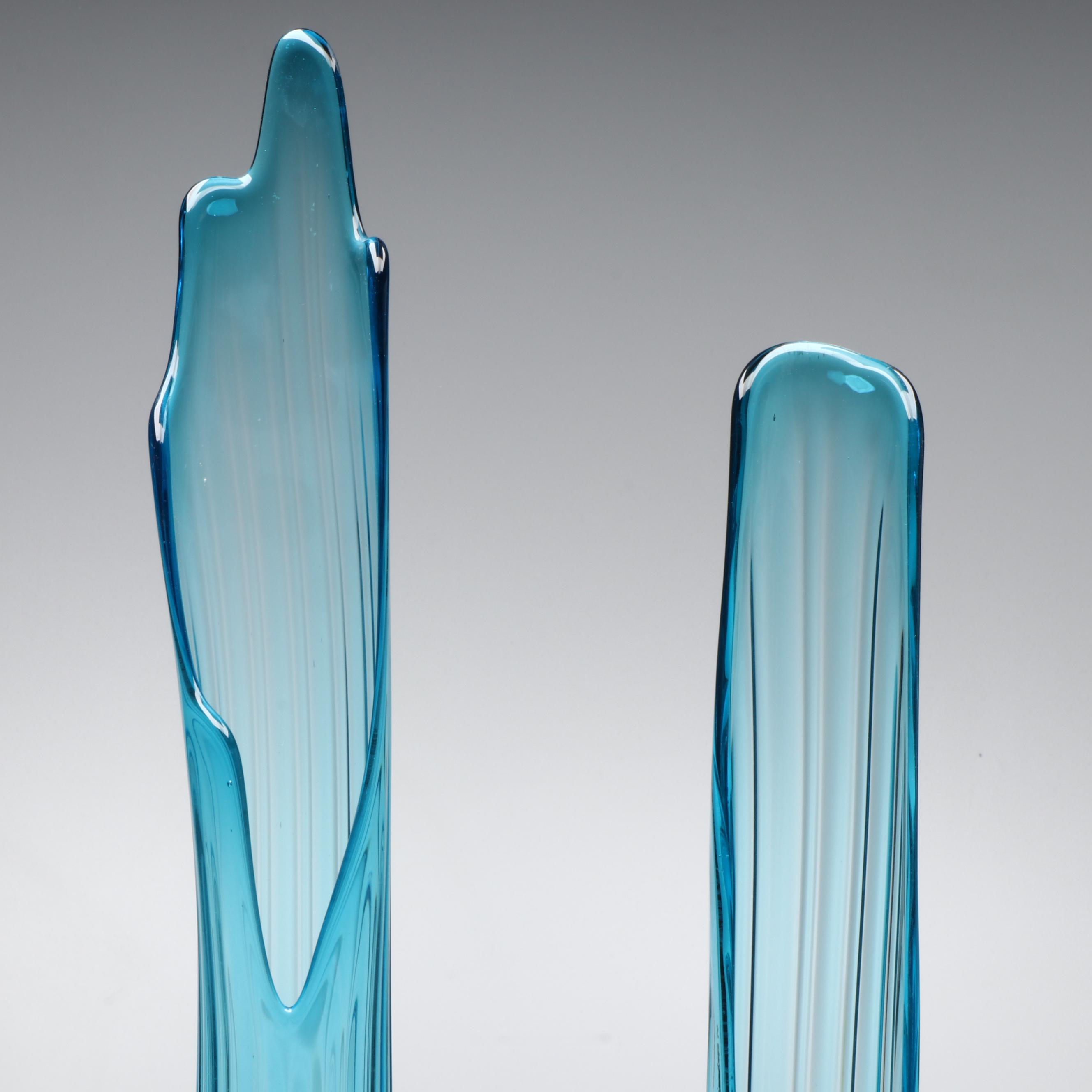 Pair of L. E. Smith Blue Glass Fluted Swung Vases