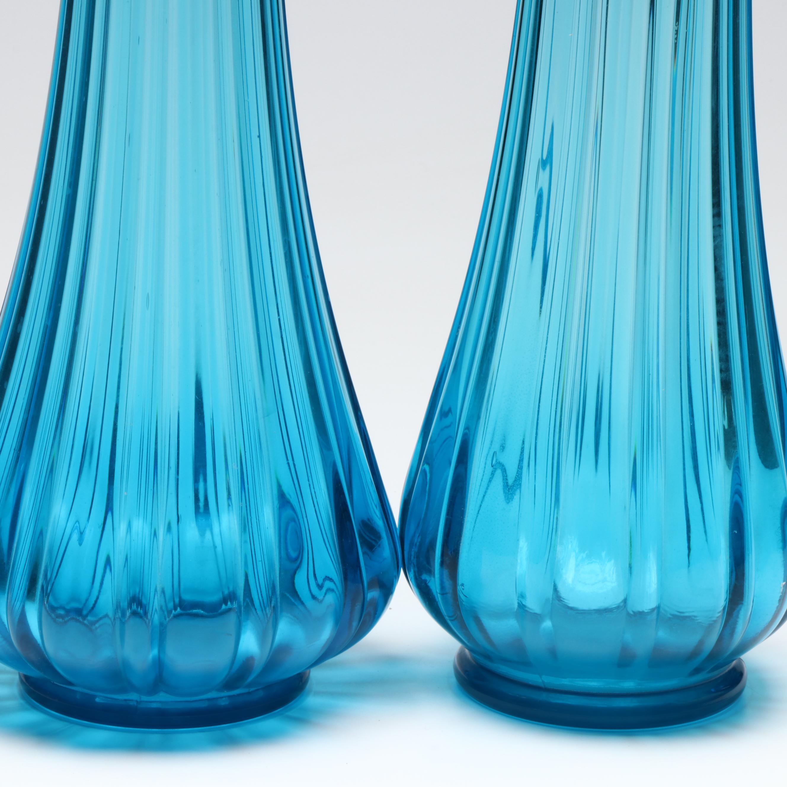 Pair of L. E. Smith Blue Glass Fluted Swung Vases