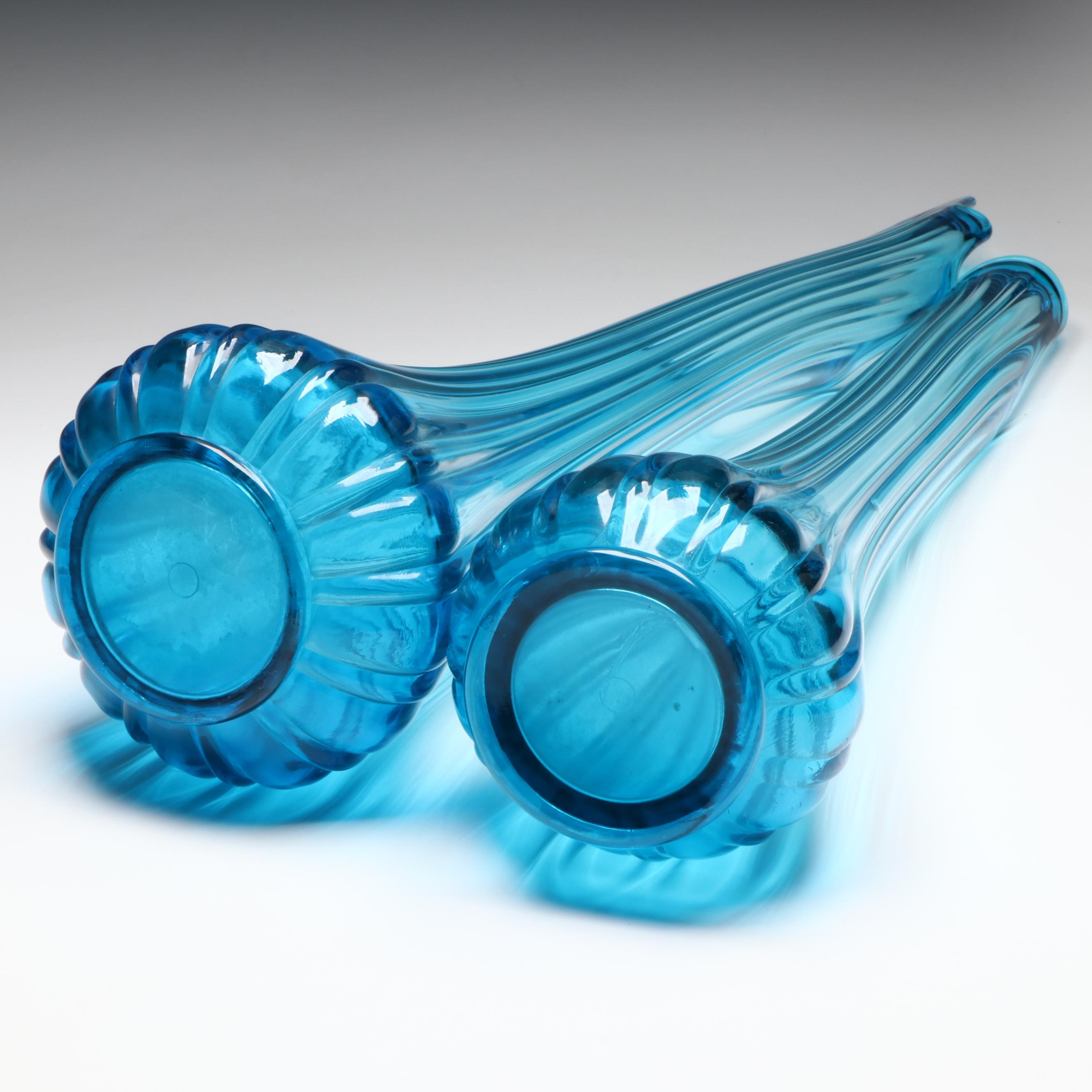 Pair of L. E. Smith Blue Glass Fluted Swung Vases