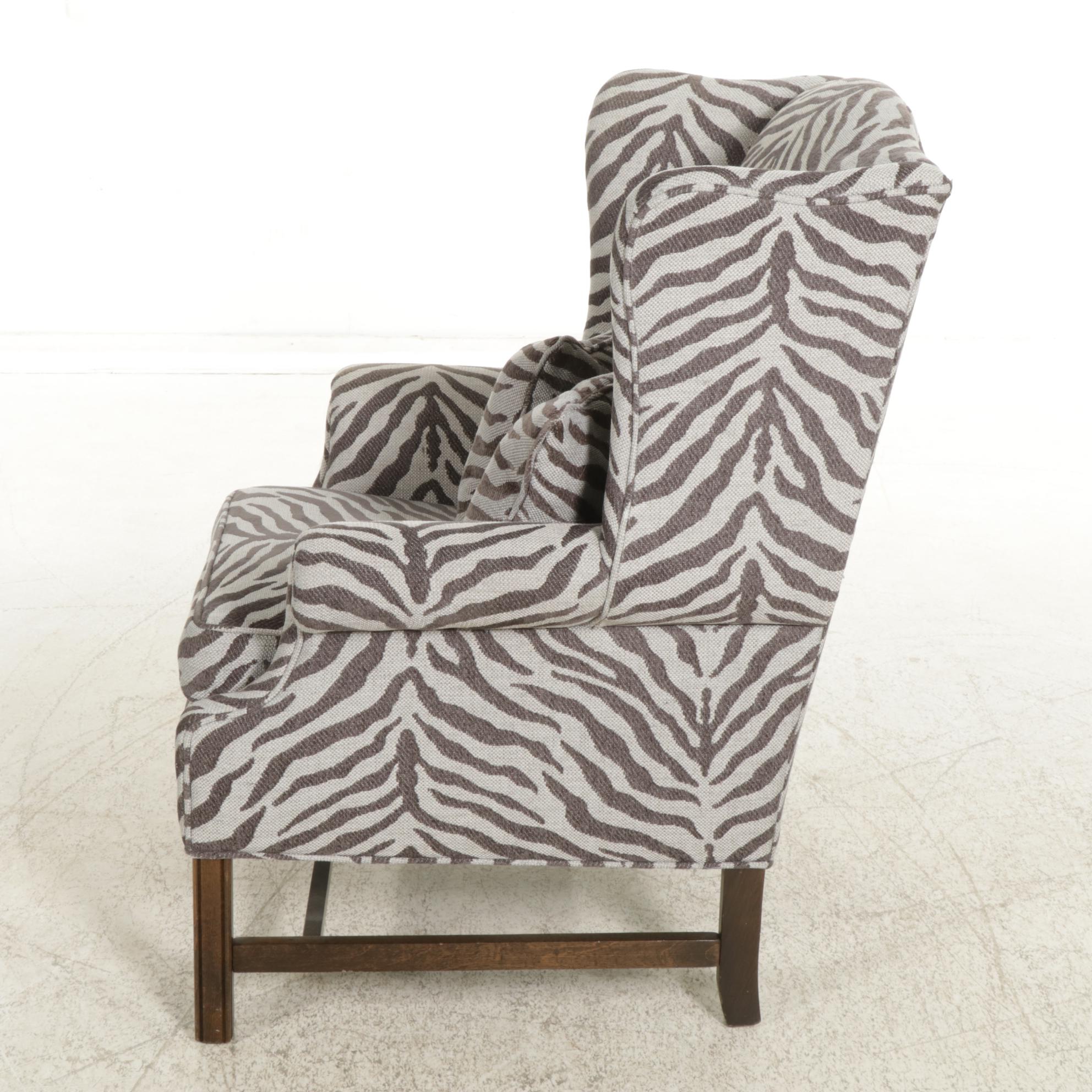 Chippendale Style Wingback Armchair with Zebra Pattern Upholstery