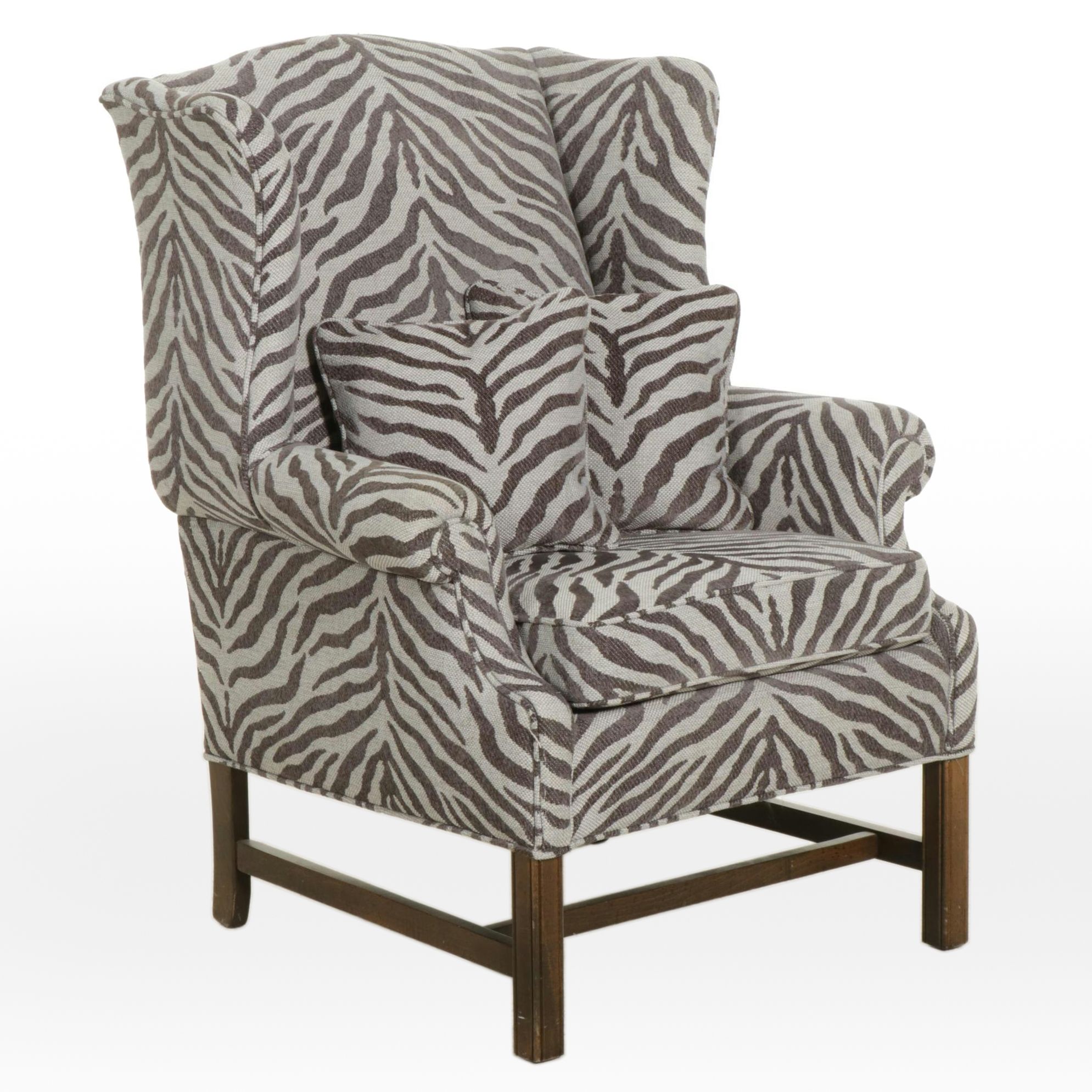 Chippendale Style Wingback Armchair with Zebra Pattern Upholstery