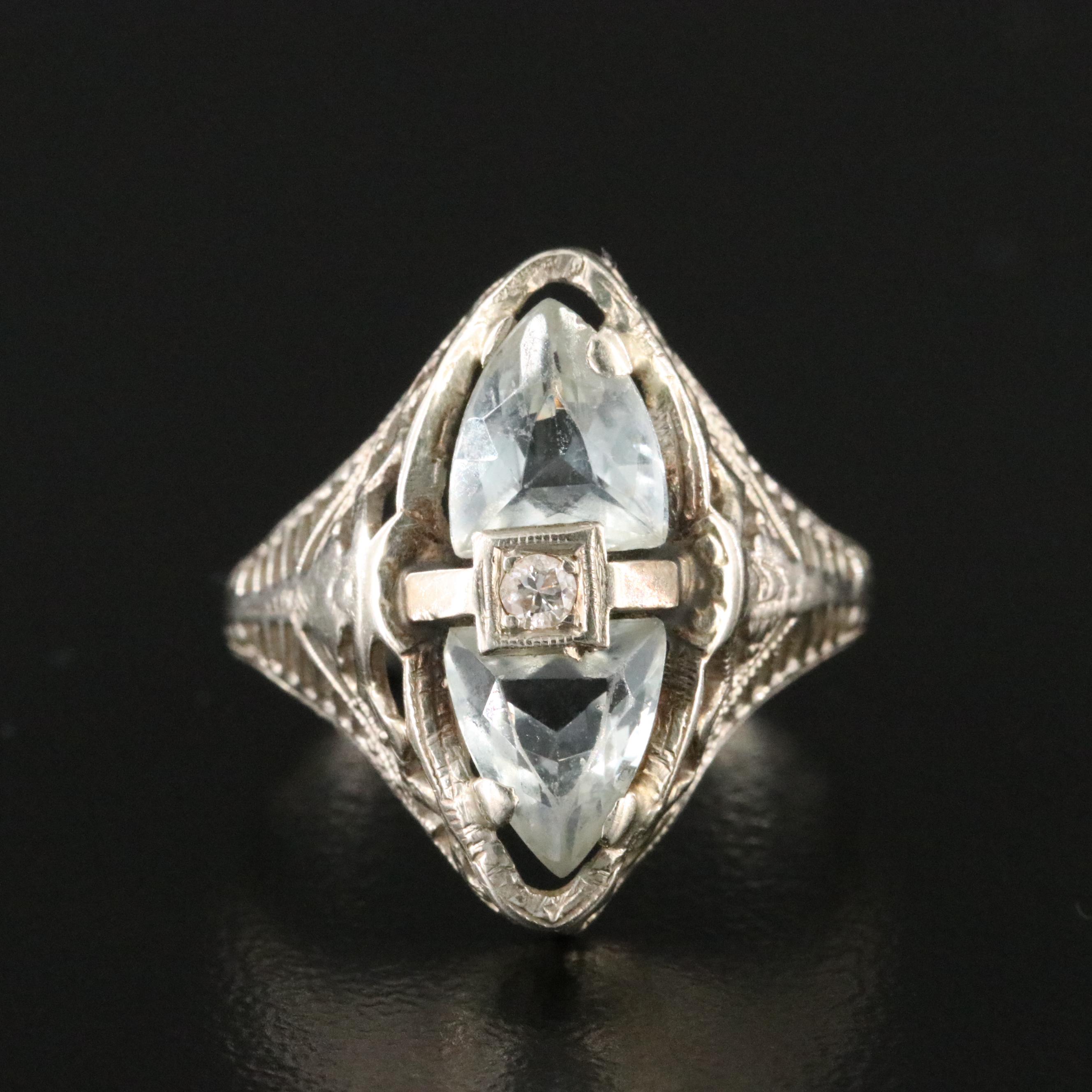Art Deco 14K Aquamarine and Diamond Toi et Moi Ring