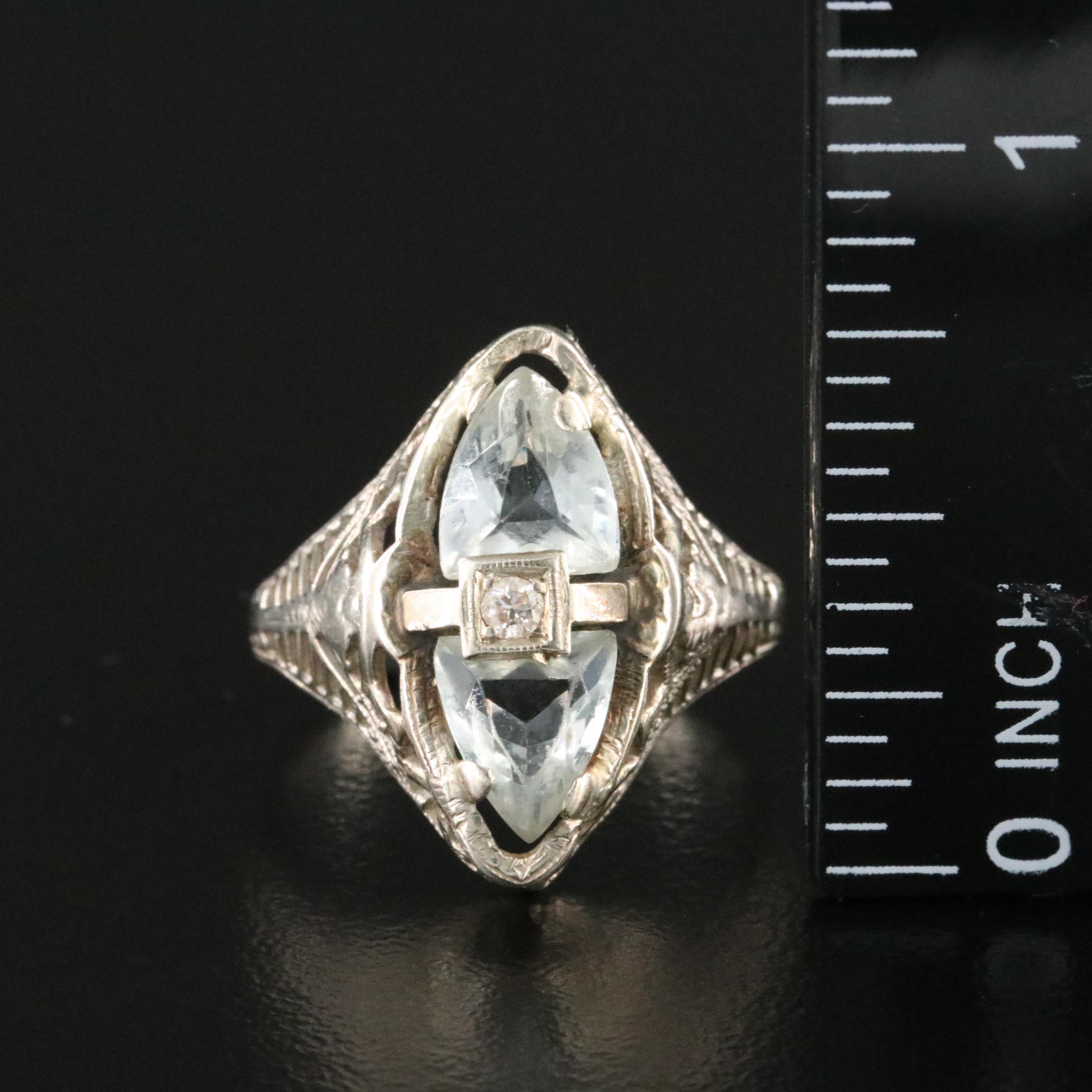 Art Deco 14K Aquamarine and Diamond Toi et Moi Ring