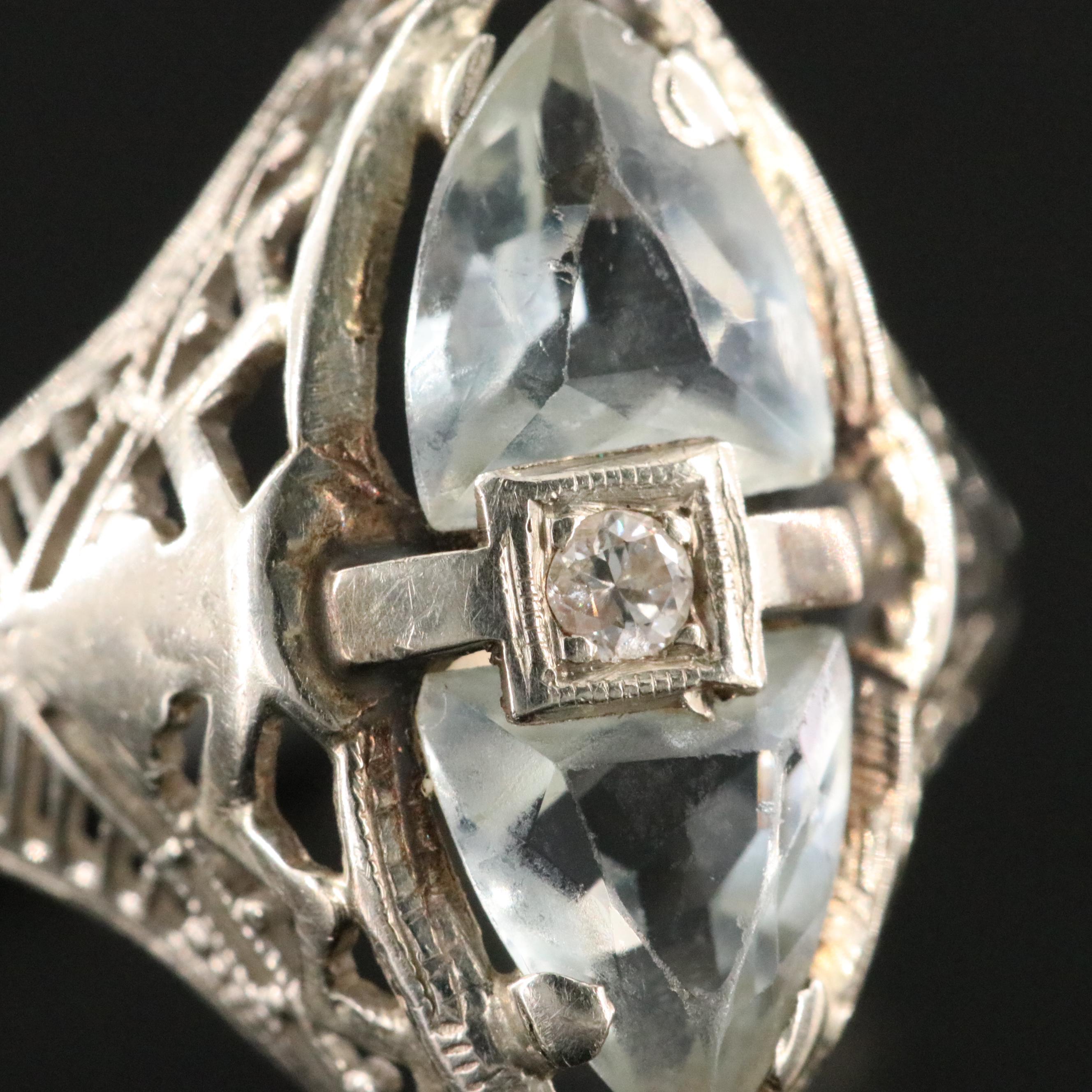 Art Deco 14K Aquamarine and Diamond Toi et Moi Ring