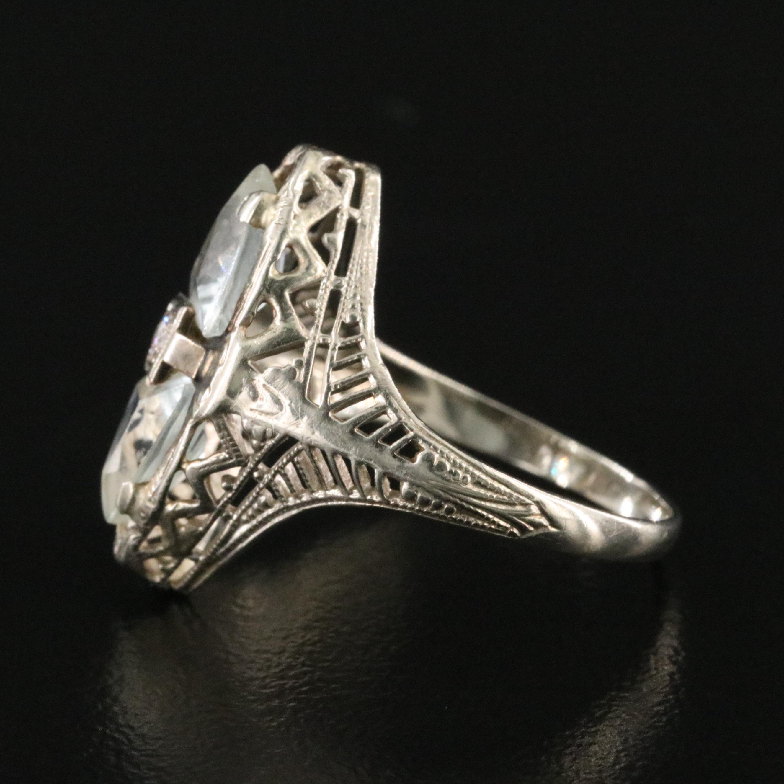 Art Deco 14K Aquamarine and Diamond Toi et Moi Ring