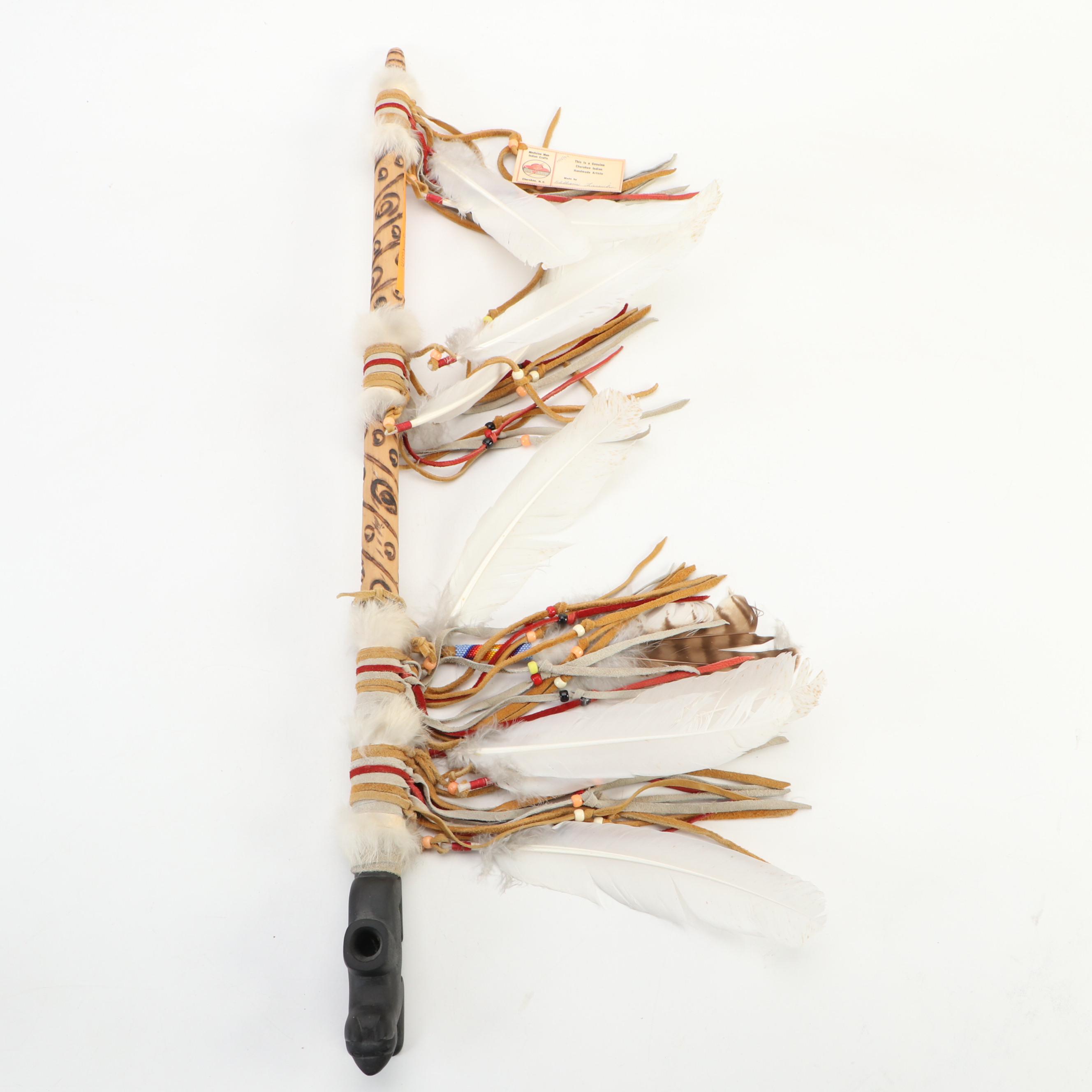 Cherokee Hide Wrapped Ceremonial Pipe with Beads, Rabbit Fur & Feathers