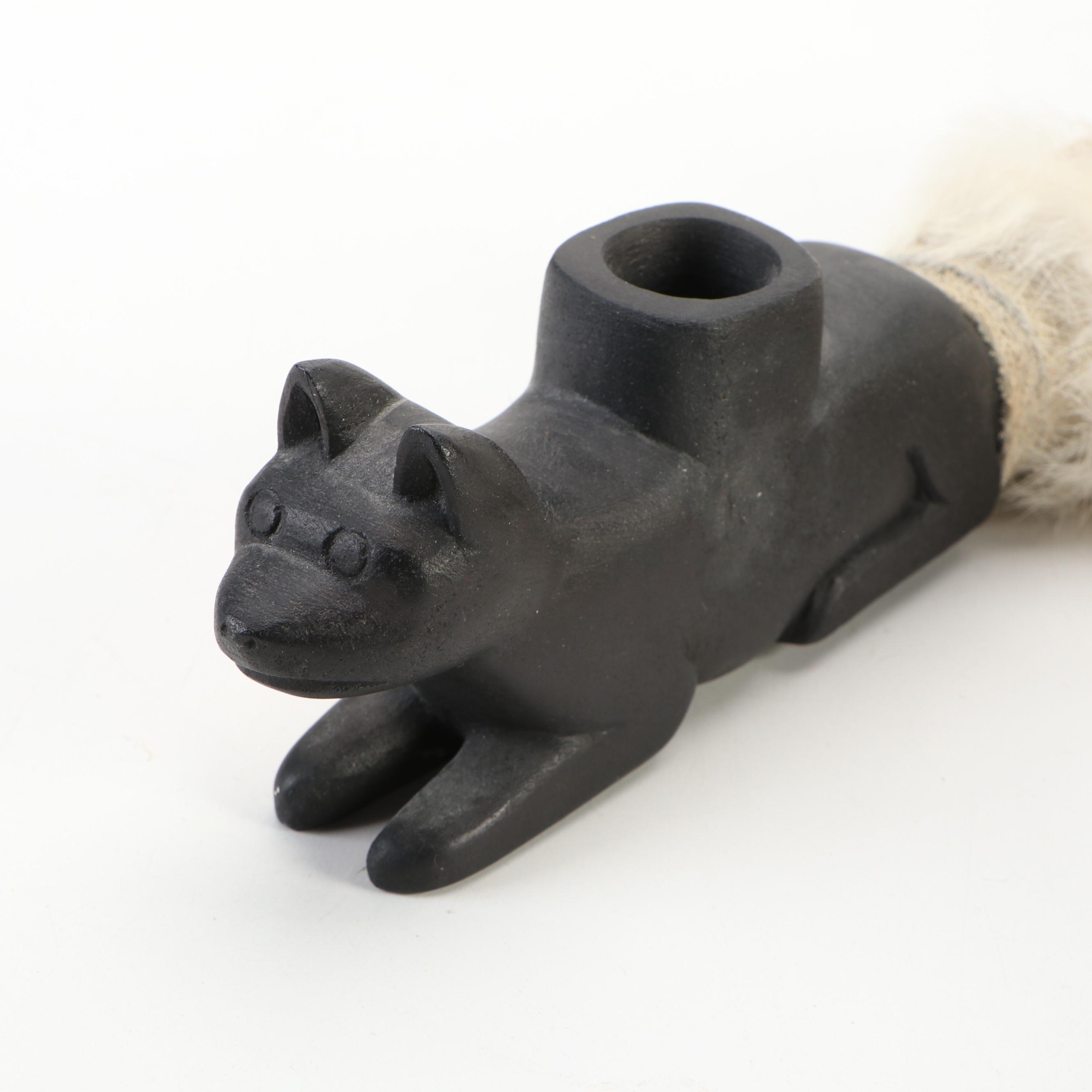 Cherokee Hide Wrapped Ceremonial Pipe with Beads, Rabbit Fur & Feathers