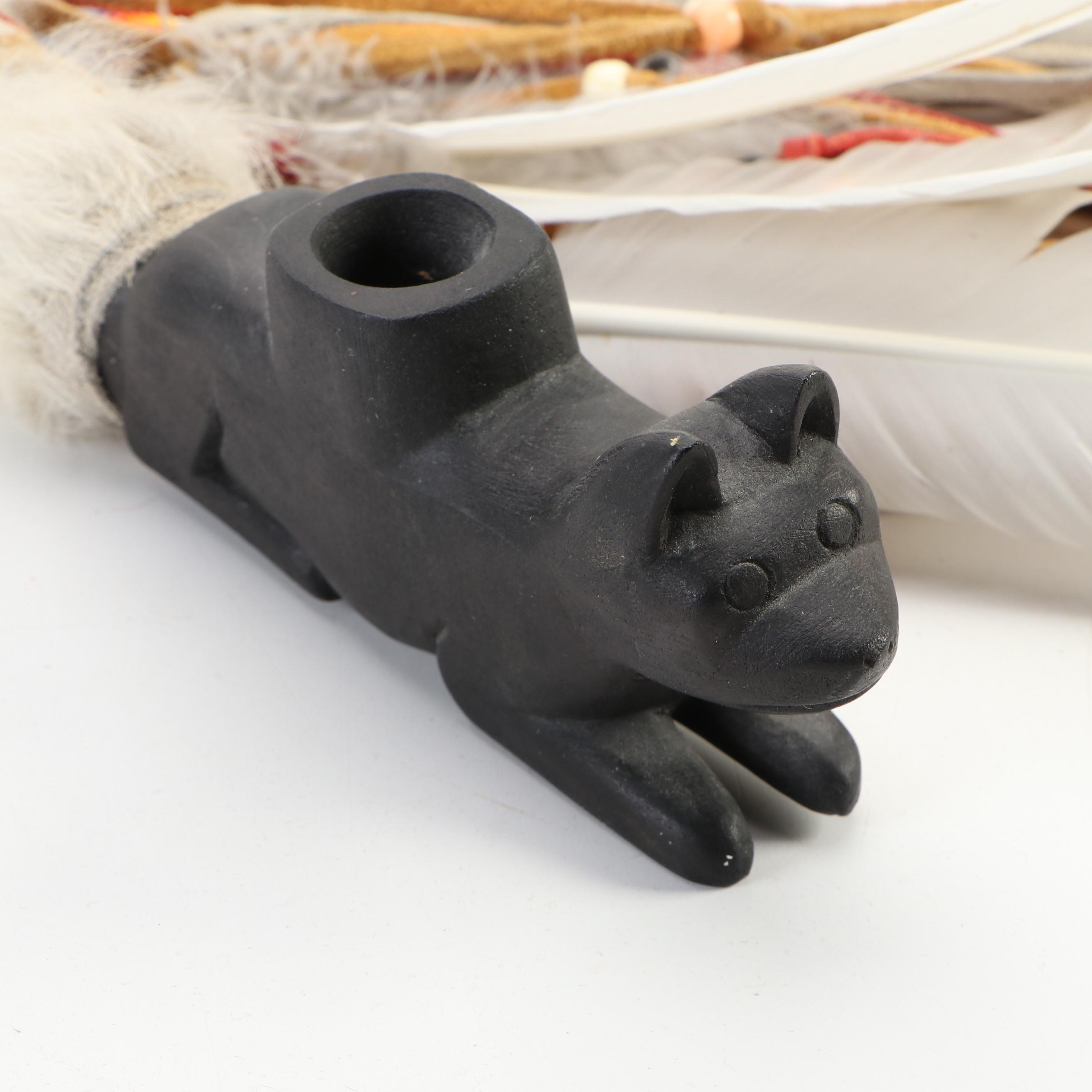 Cherokee Hide Wrapped Ceremonial Pipe with Beads, Rabbit Fur & Feathers