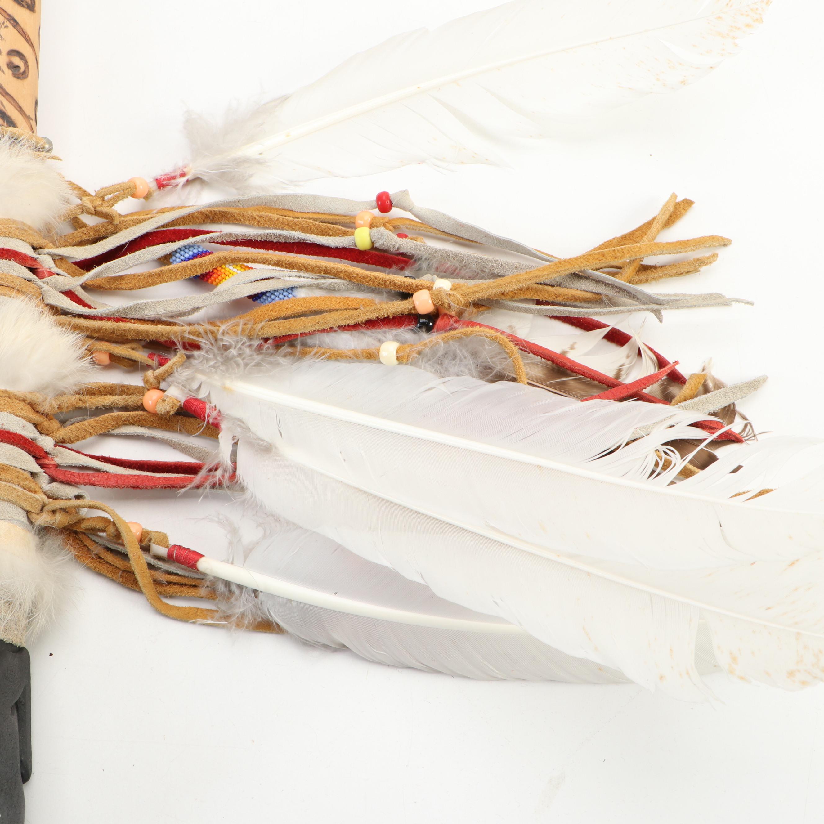 Cherokee Hide Wrapped Ceremonial Pipe with Beads, Rabbit Fur & Feathers