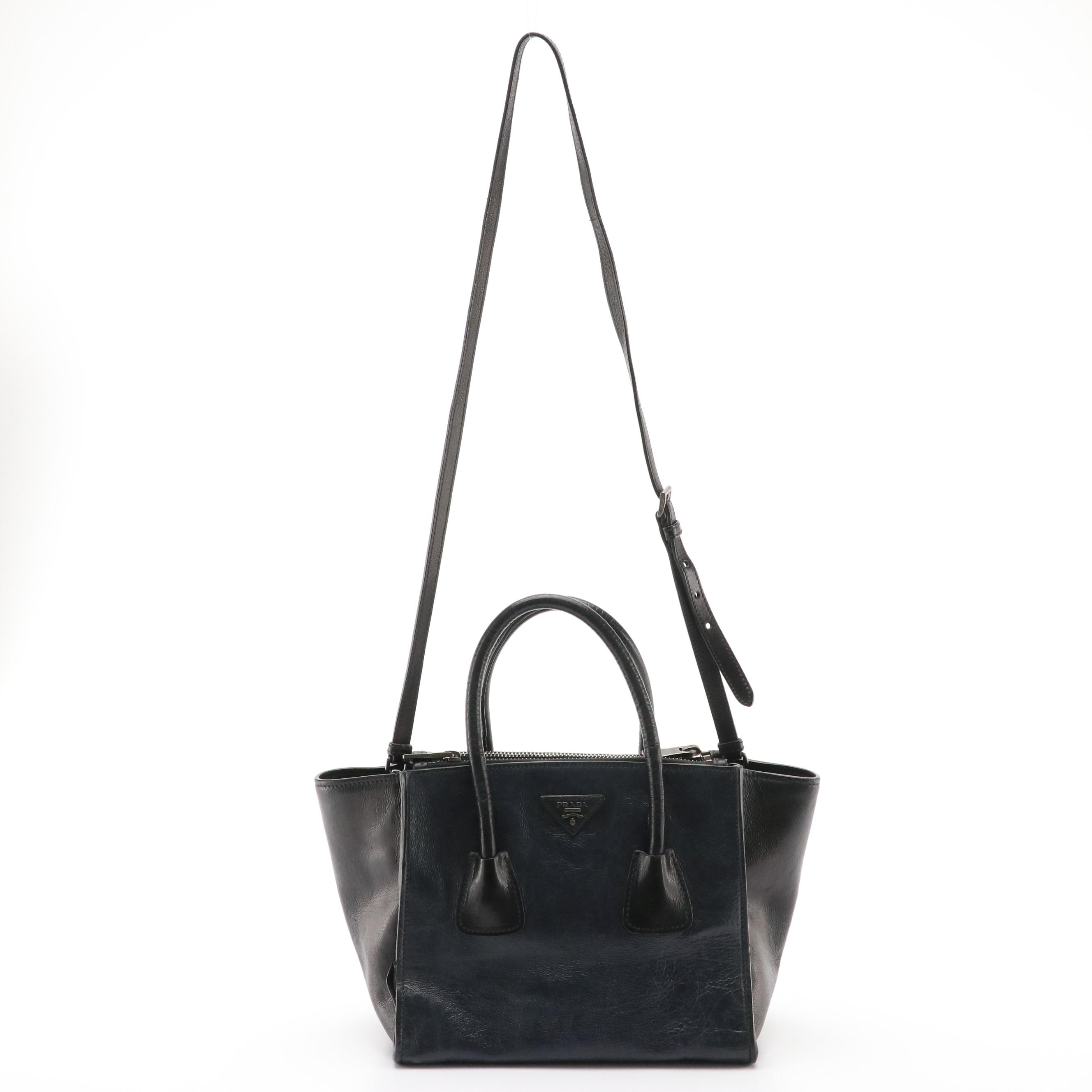 Prada Double Zip Two-Way Tote in Black and Navy Blue Glace Calf Leather