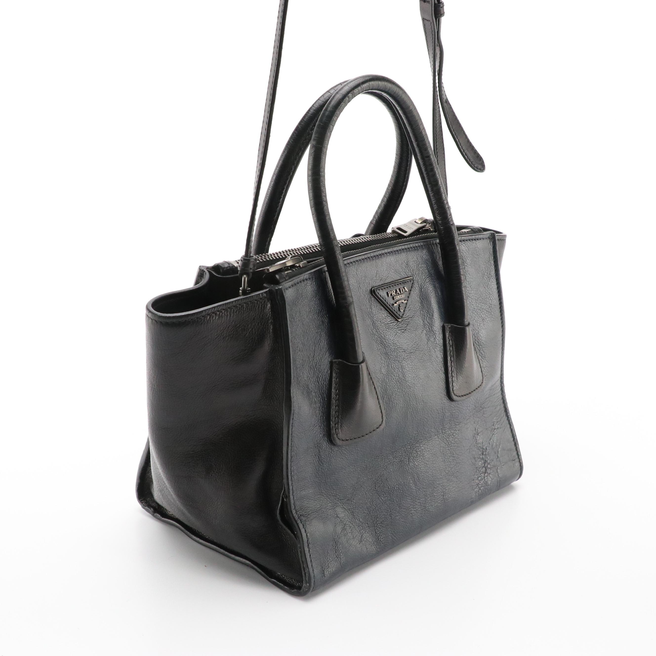 Prada Double Zip Two-Way Tote in Black and Navy Blue Glace Calf Leather