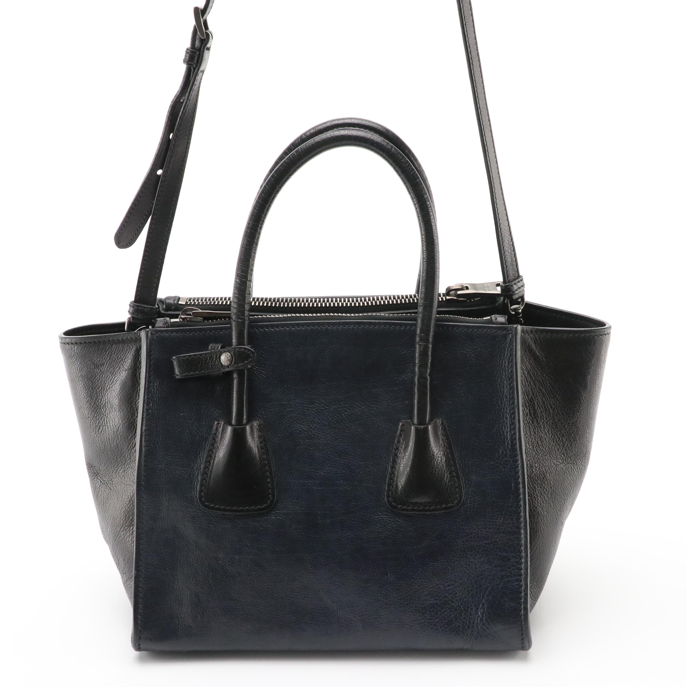 Prada Double Zip Two-Way Tote in Black and Navy Blue Glace Calf Leather