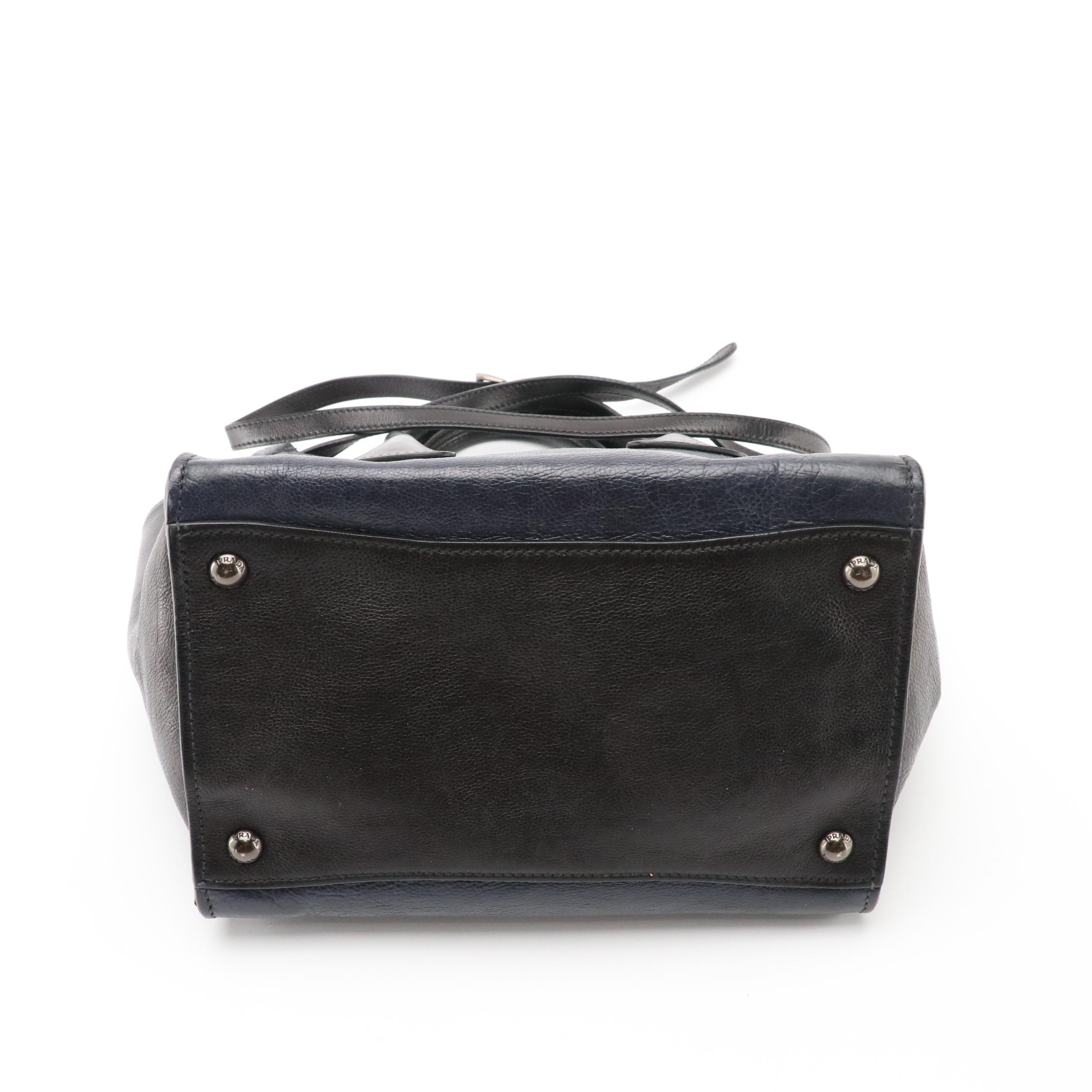 Prada Double Zip Two-Way Tote in Black and Navy Blue Glace Calf Leather