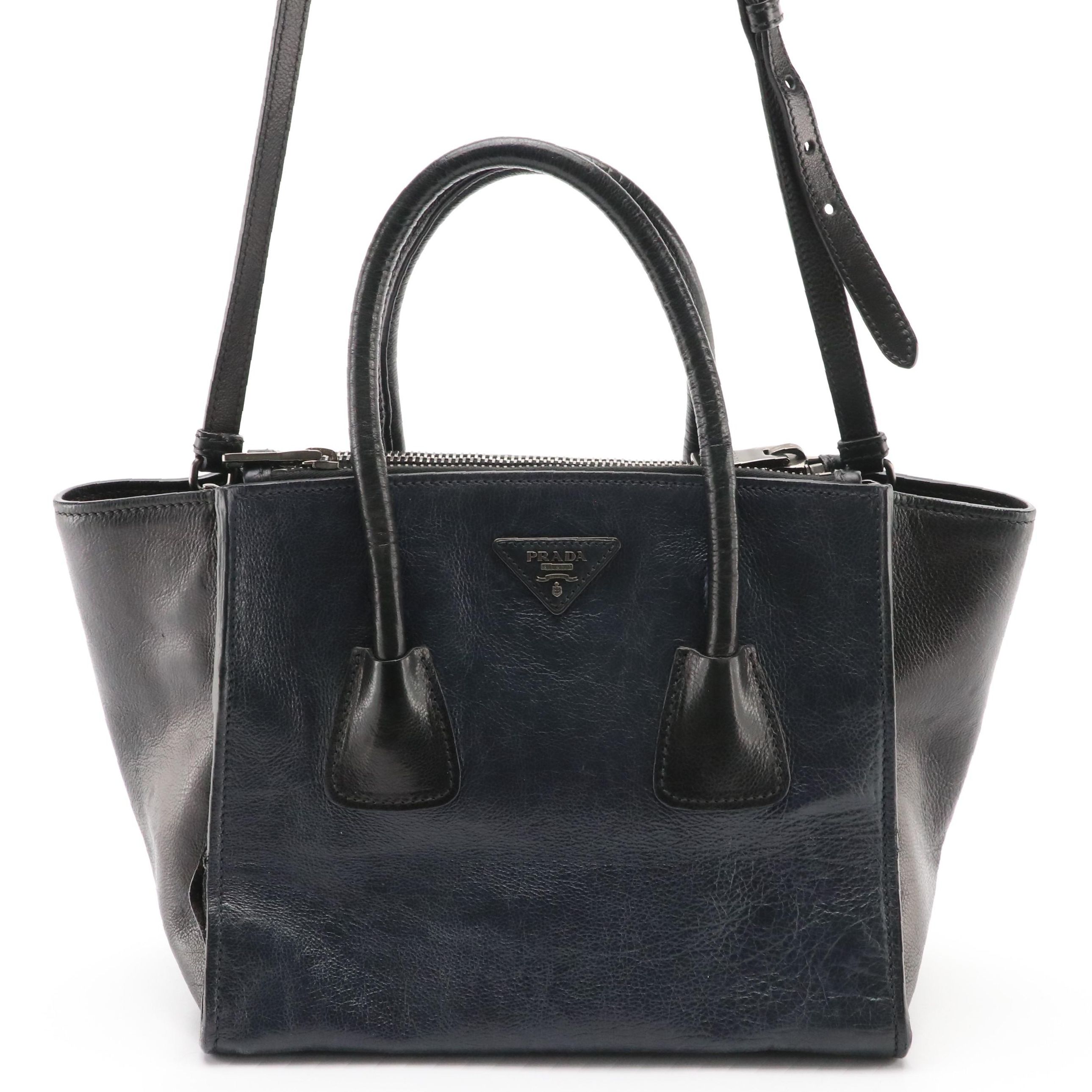 Prada Double Zip Two-Way Tote in Black and Navy Blue Glace Calf Leather