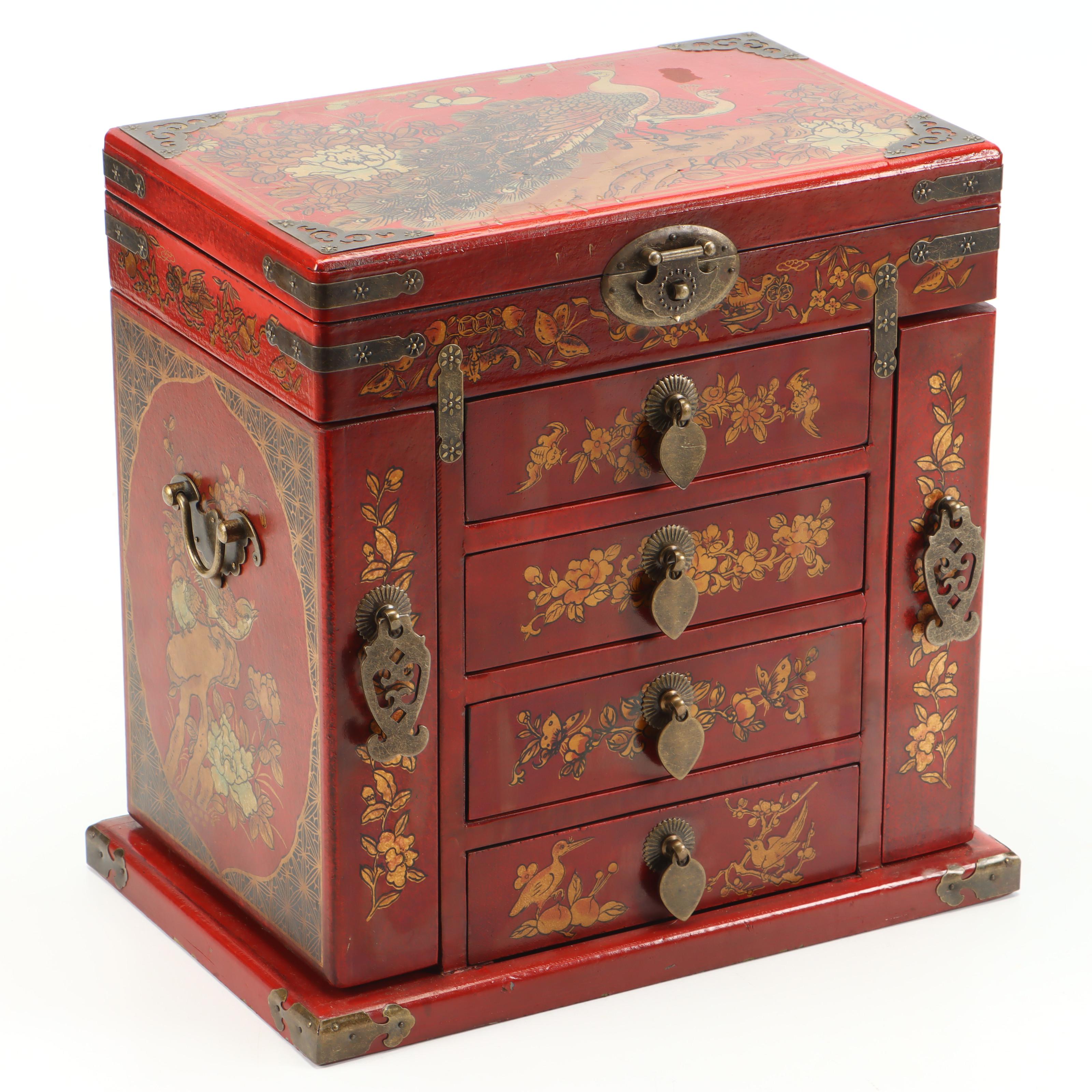Chinese Style Lacquered Wood Jewelry Box