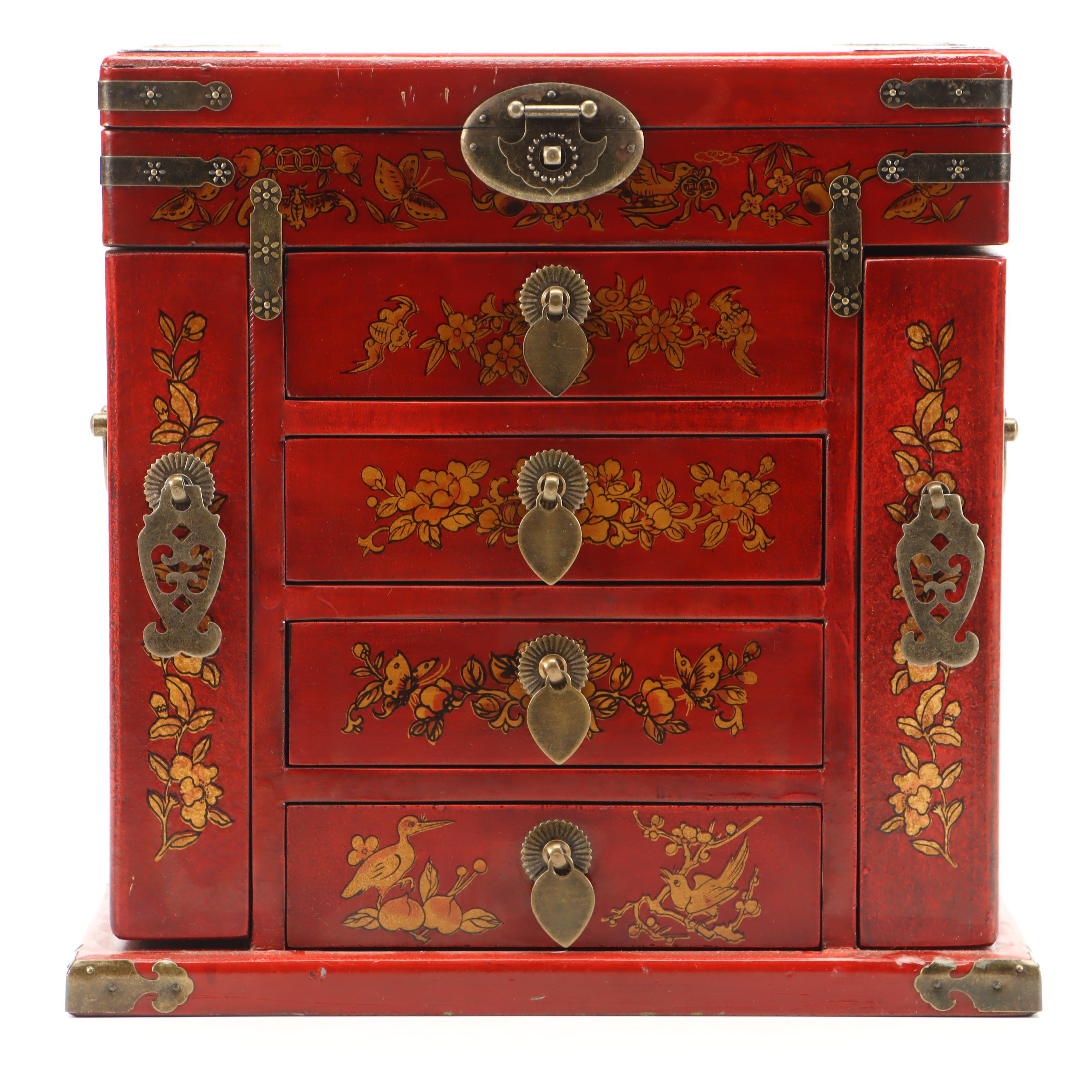Chinese Style Lacquered Wood Jewelry Box