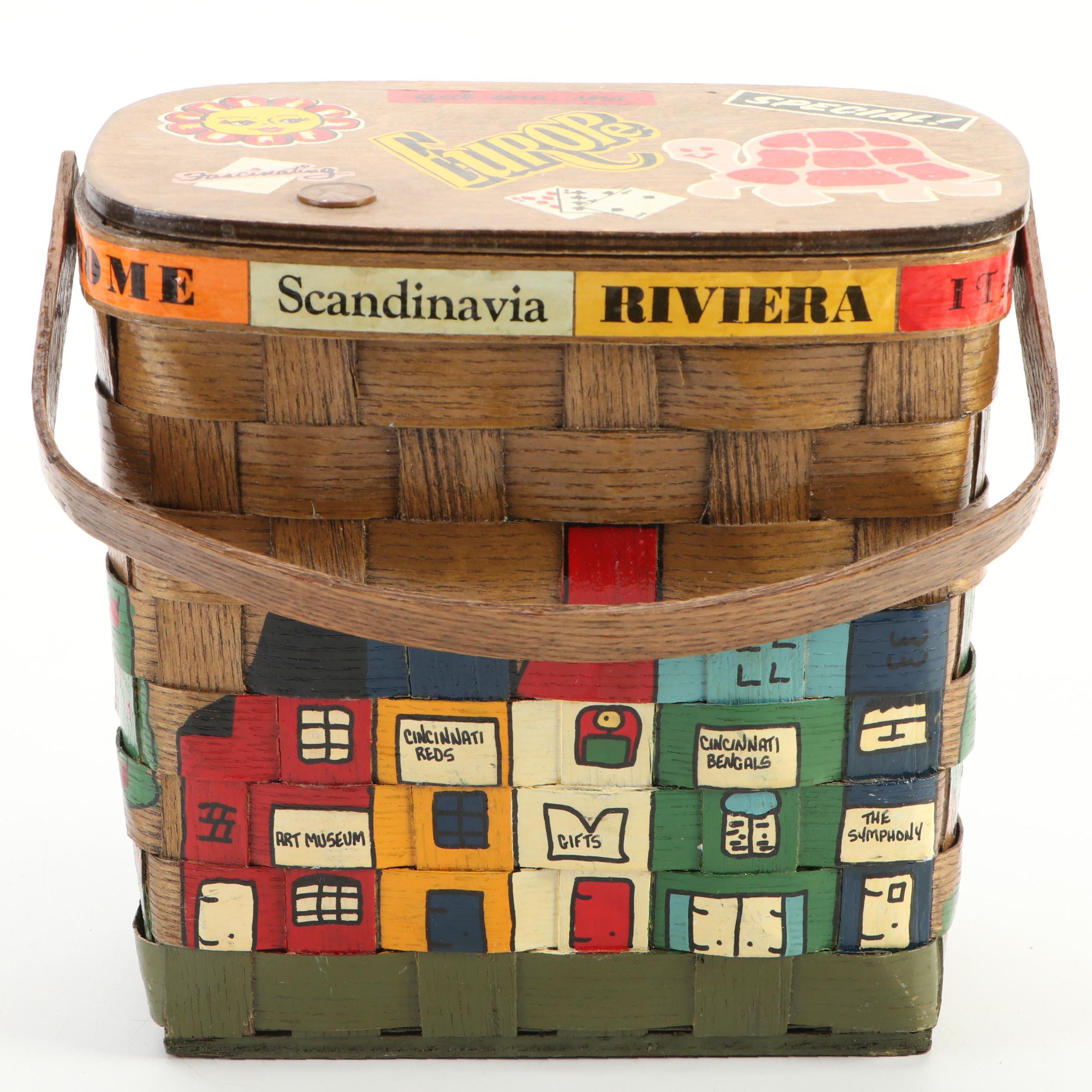 Caro-Nan Wooden Basket Purse with Hand-Painted Cincinnati Highlights