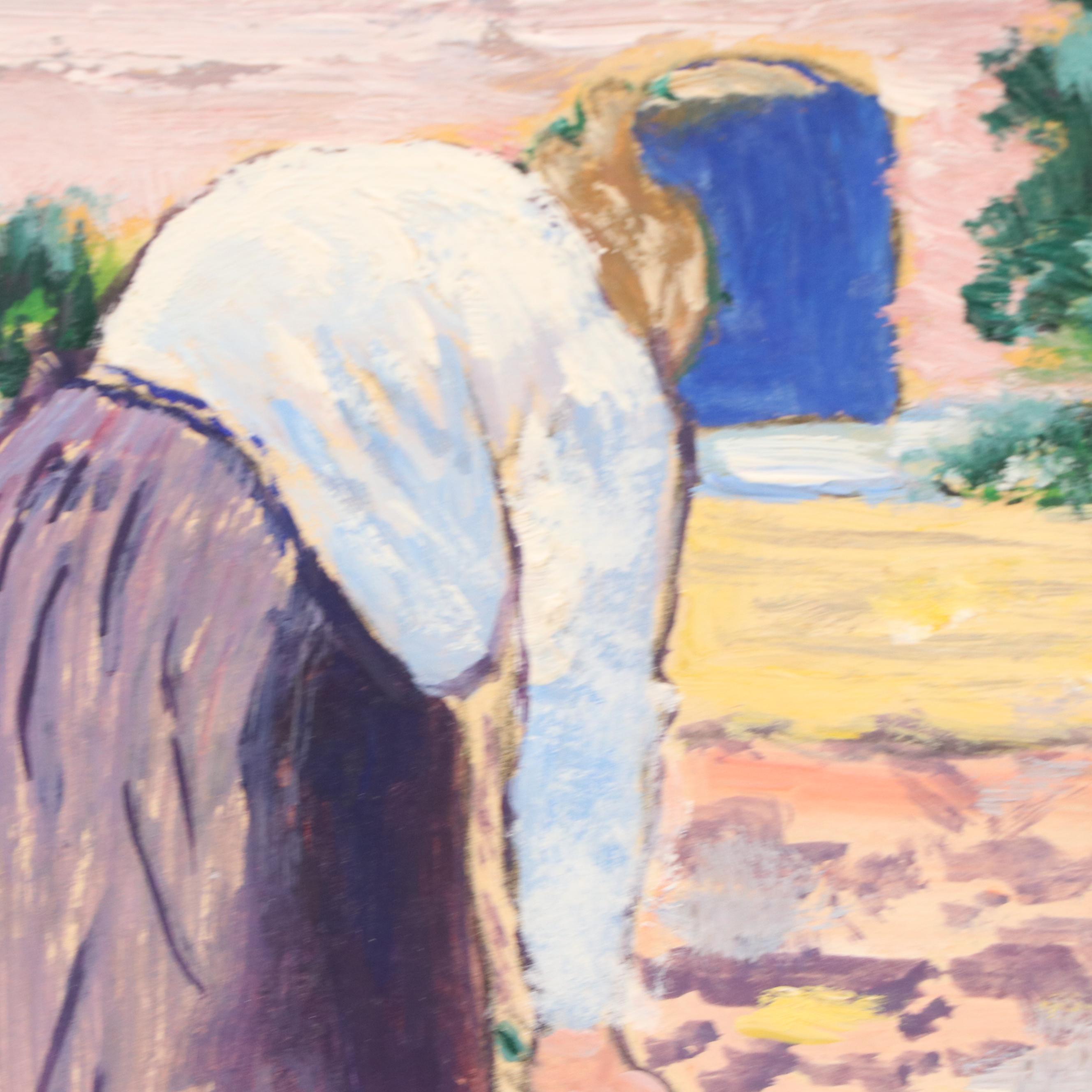 Gladys Pearl Ranstead Figural Rural Landscape Oil Painting, Late 20th Century