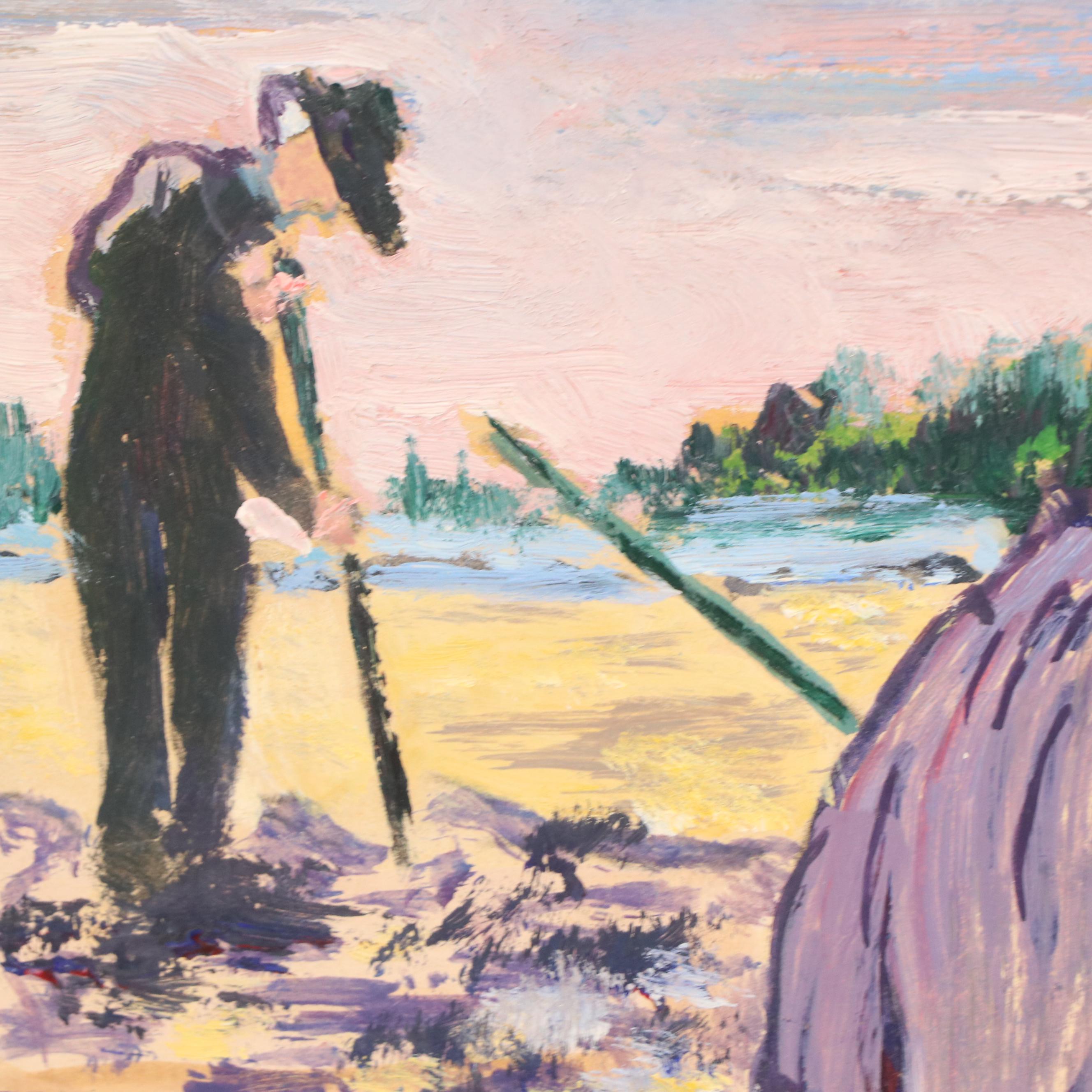 Gladys Pearl Ranstead Figural Rural Landscape Oil Painting, Late 20th Century