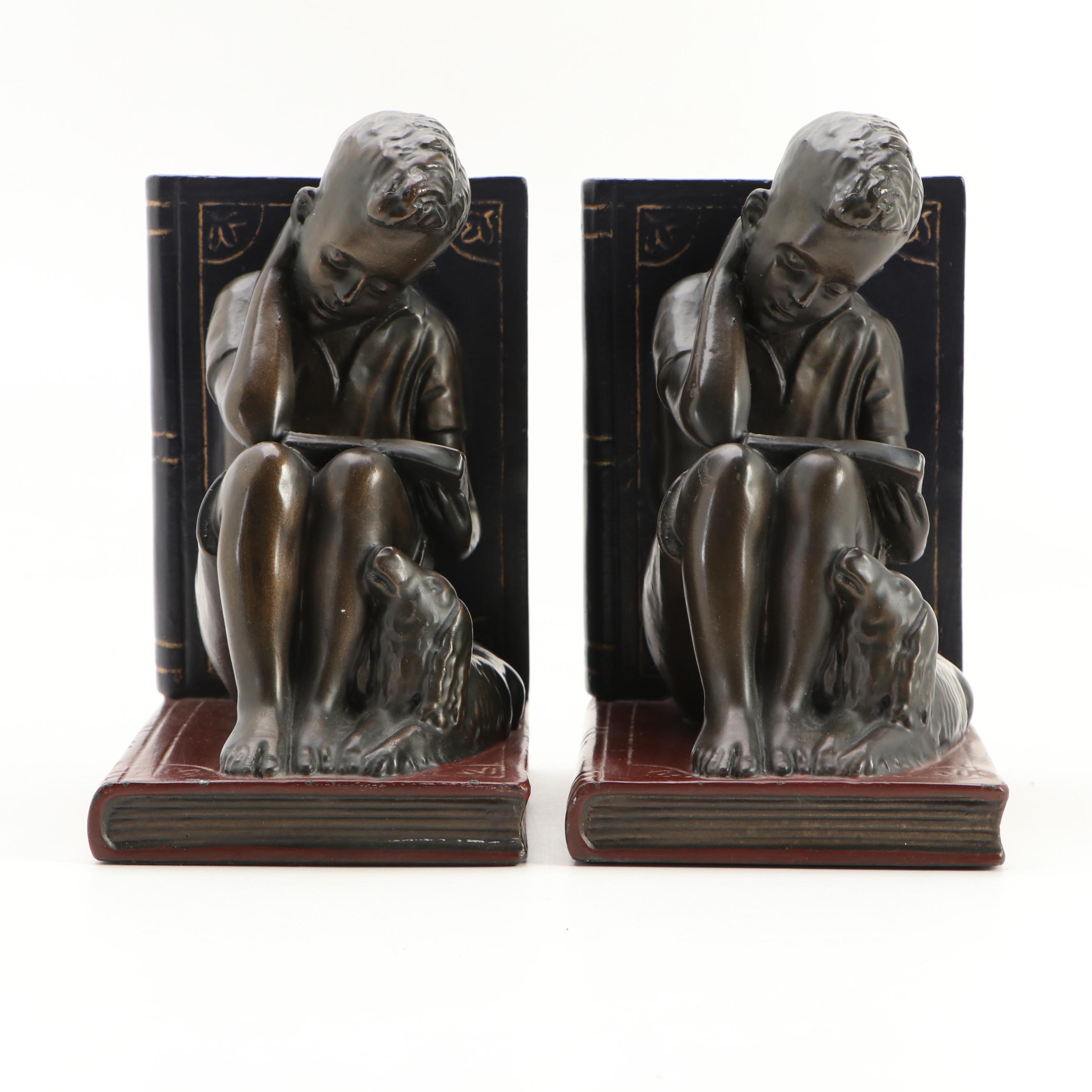 Resin Boy Reading with Dog Bookends