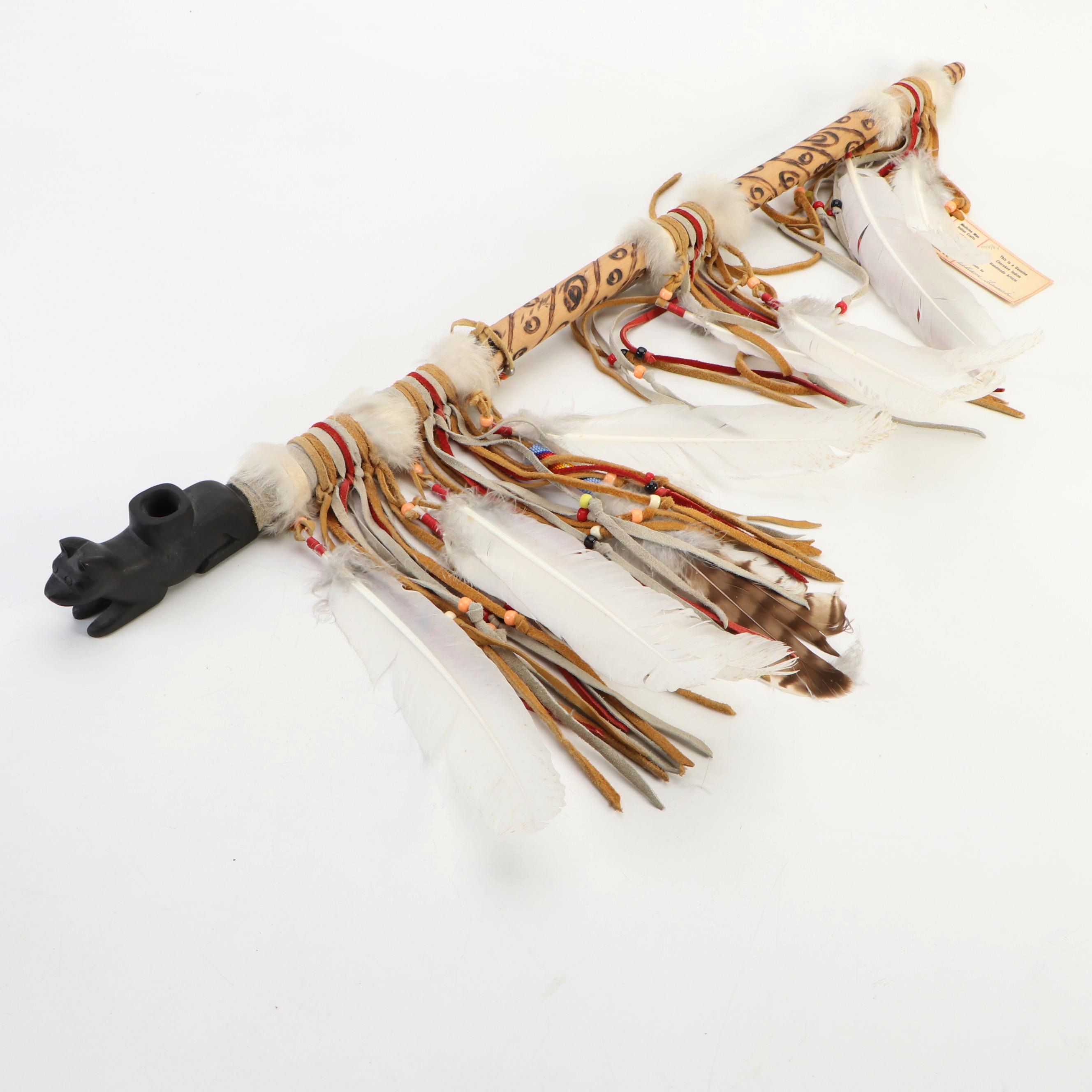 Cherokee Hide Wrapped Ceremonial Pipe with Beads, Rabbit Fur & Feathers