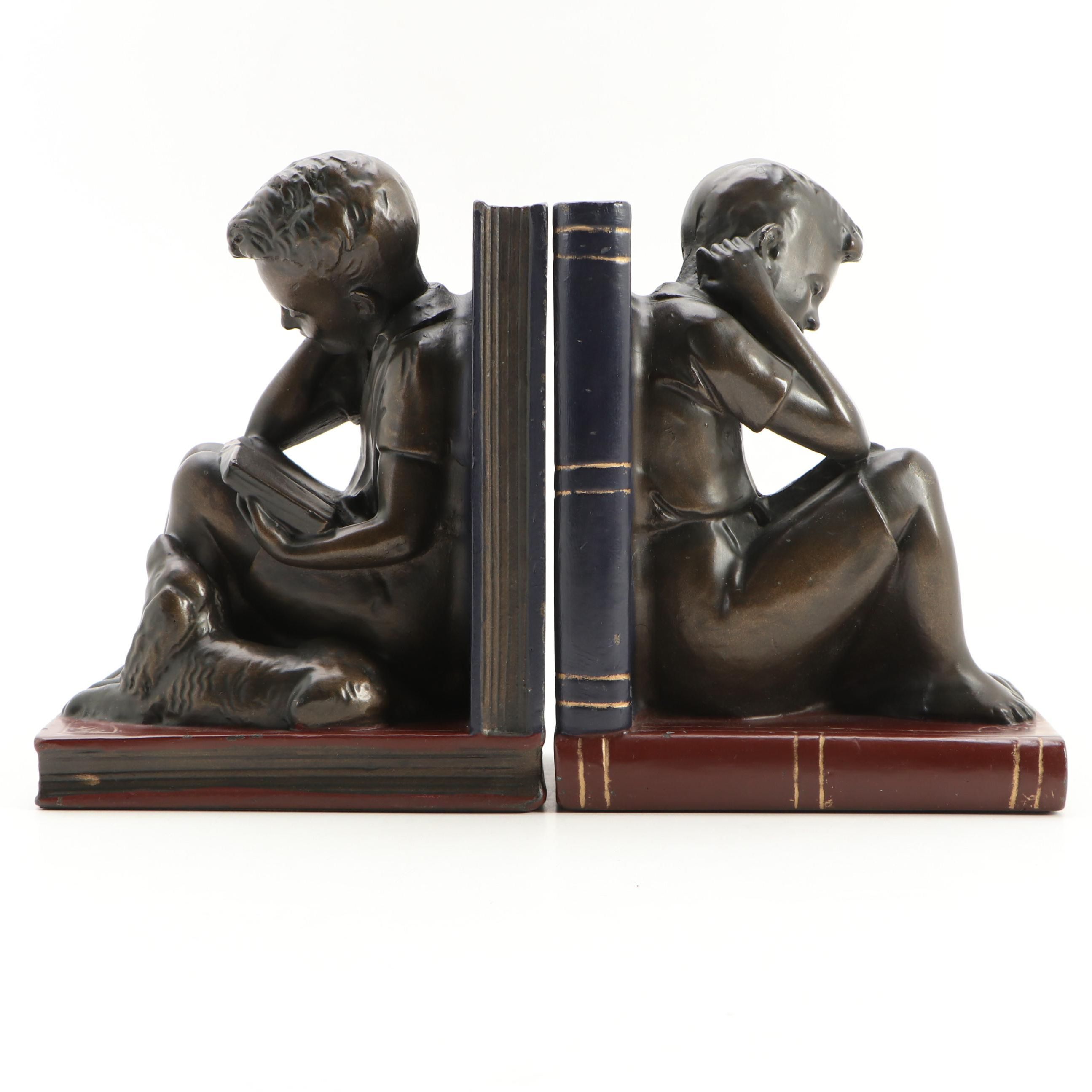 Resin Boy Reading with Dog Bookends