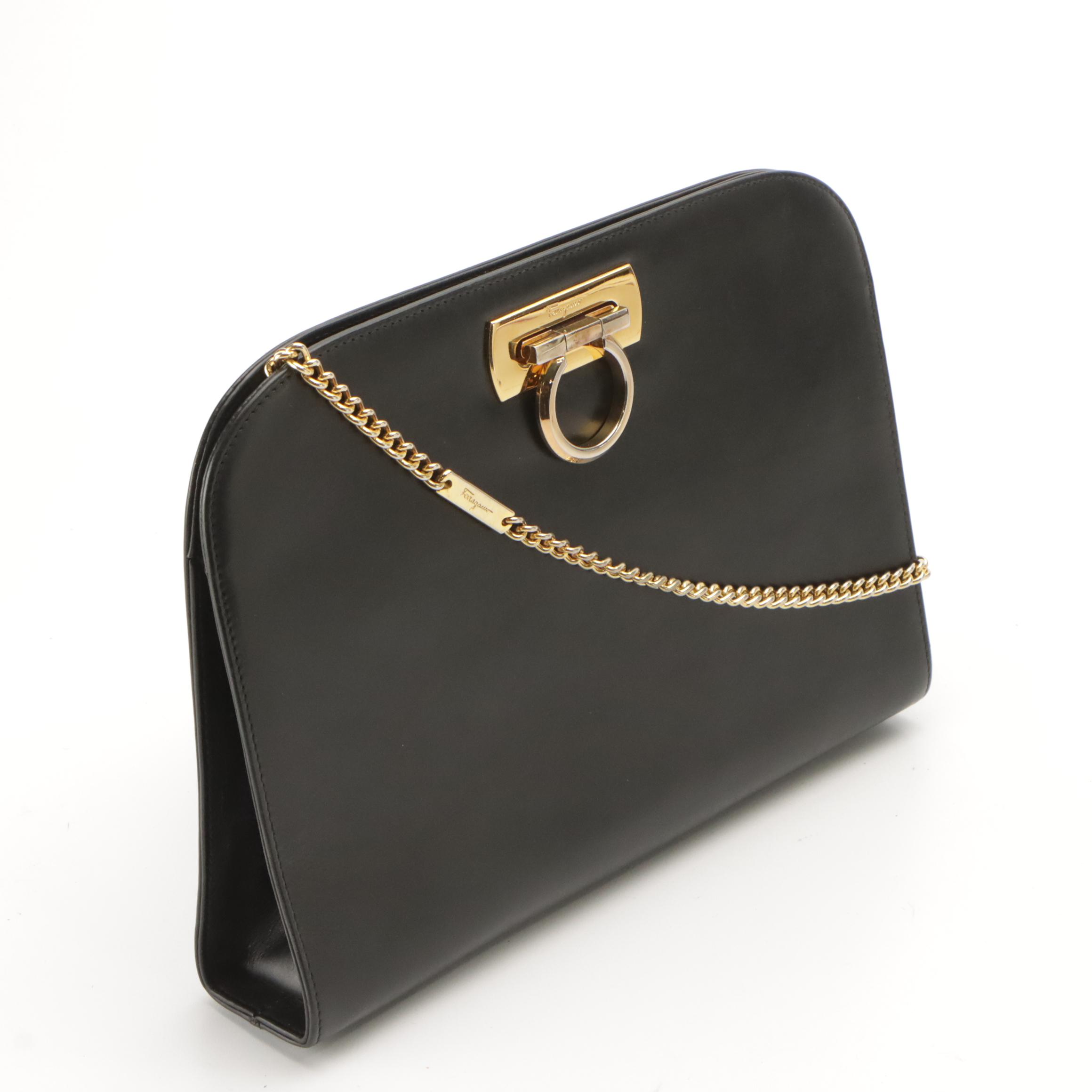 Salvatore Ferragamo Gancini Convertible Clutch in Black Calfskin Leather