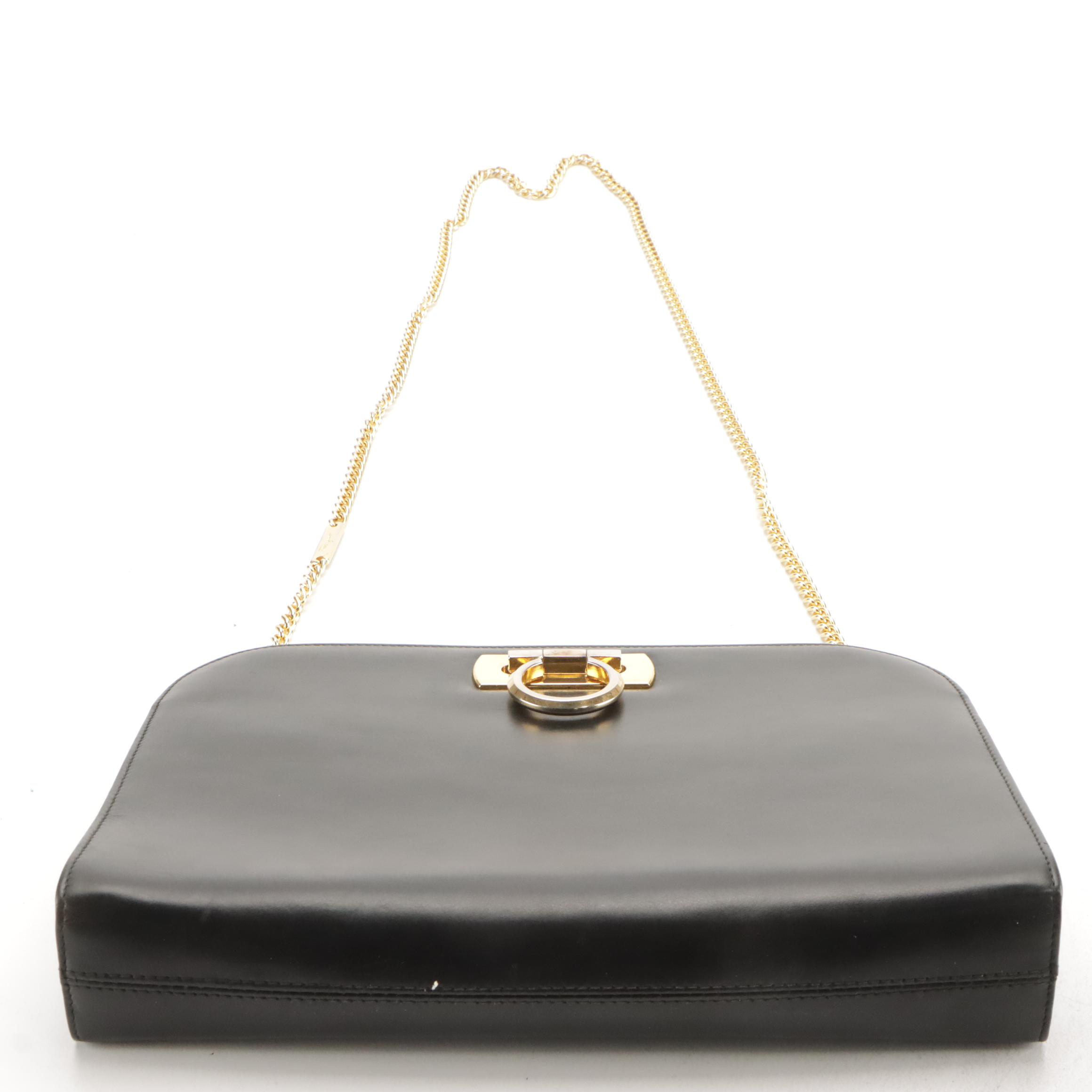 Salvatore Ferragamo Gancini Convertible Clutch in Black Calfskin Leather