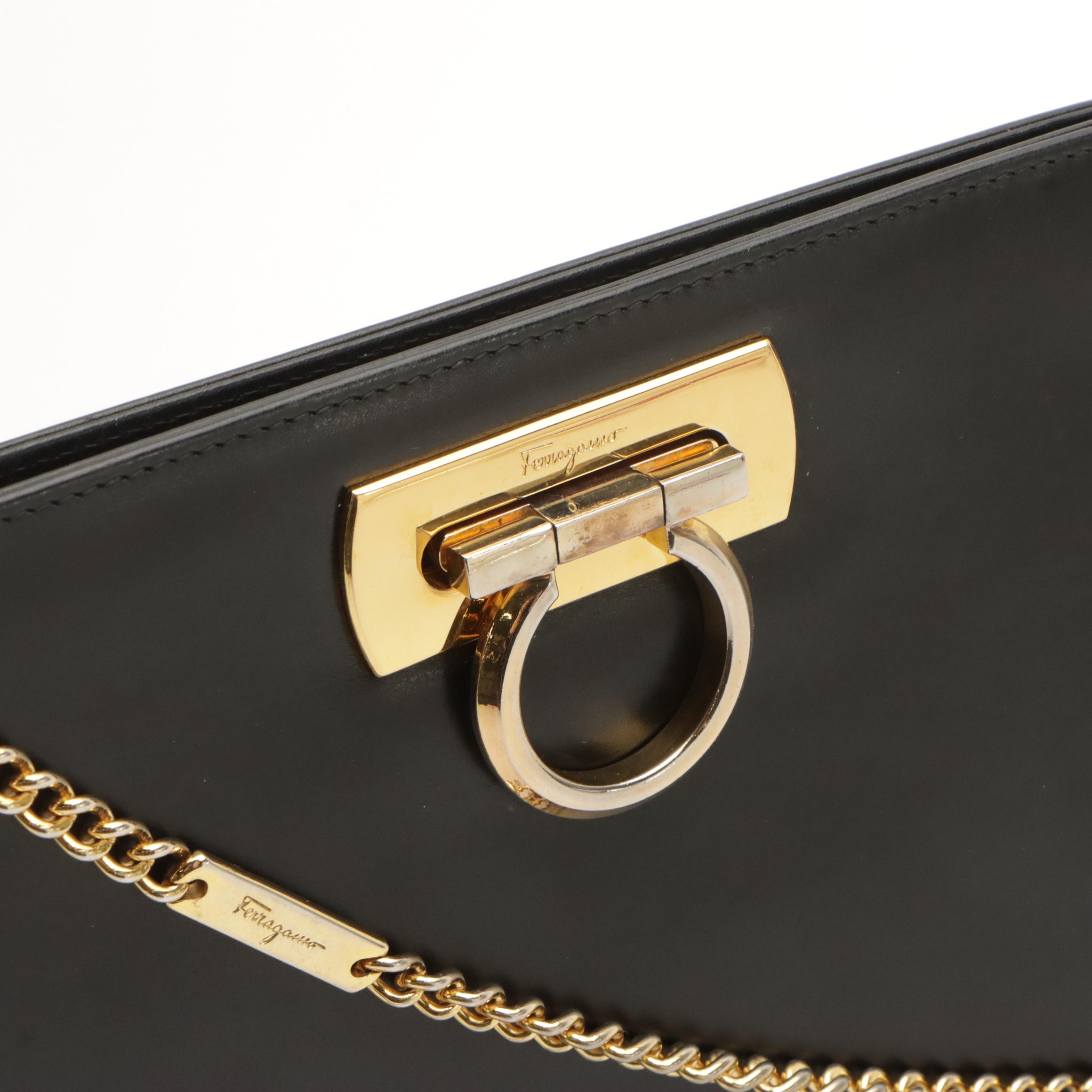 Salvatore Ferragamo Gancini Convertible Clutch in Black Calfskin Leather