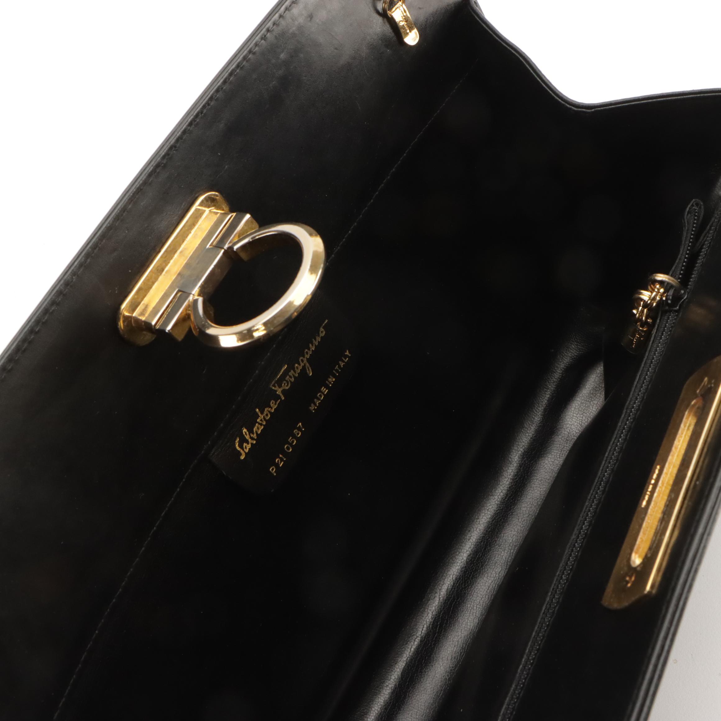 Salvatore Ferragamo Gancini Convertible Clutch in Black Calfskin Leather