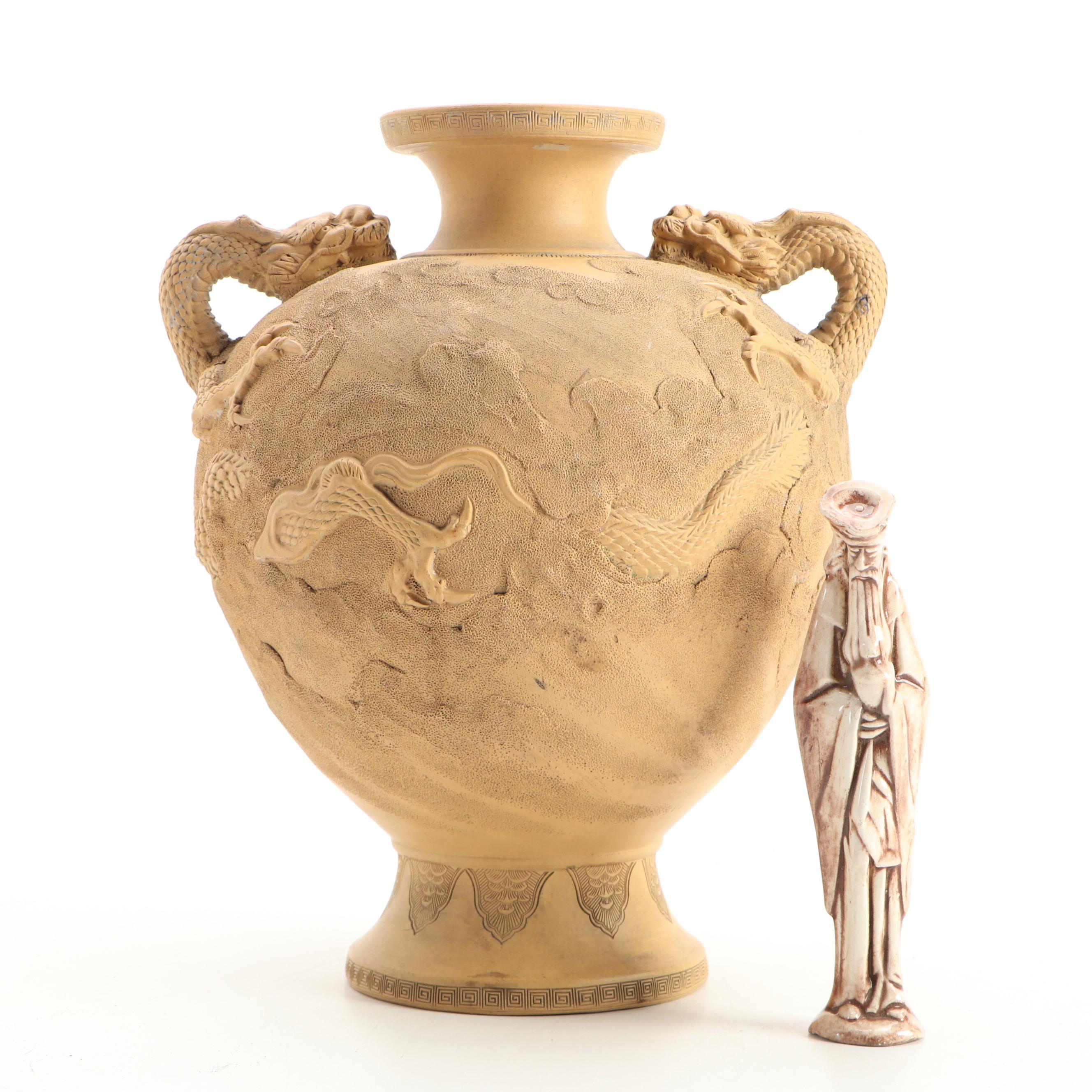 Chinese Ivory Resin Dragon Handled Vase and Other Figurine