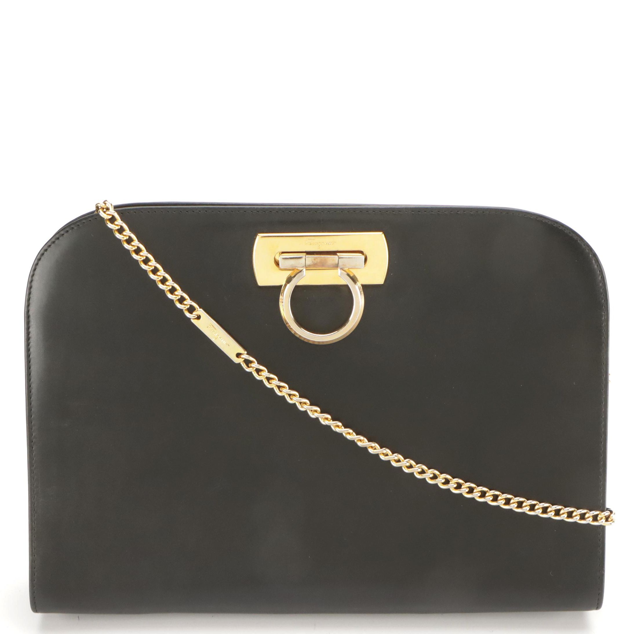 Salvatore Ferragamo Gancini Convertible Clutch in Black Calfskin Leather