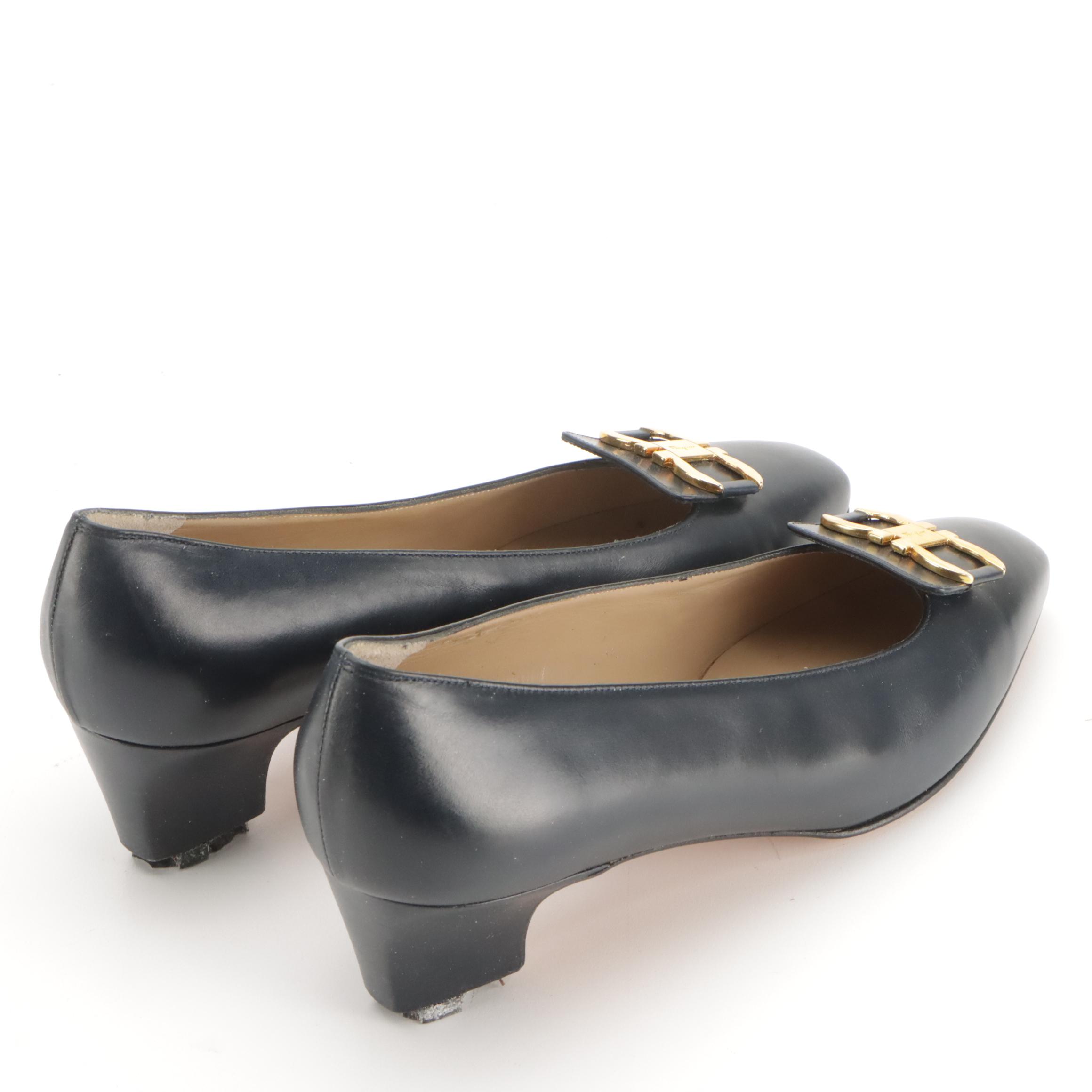 Salvatore Ferragamo Vintage Navarra Gancini Block Heels in Navy Leather W/ Box