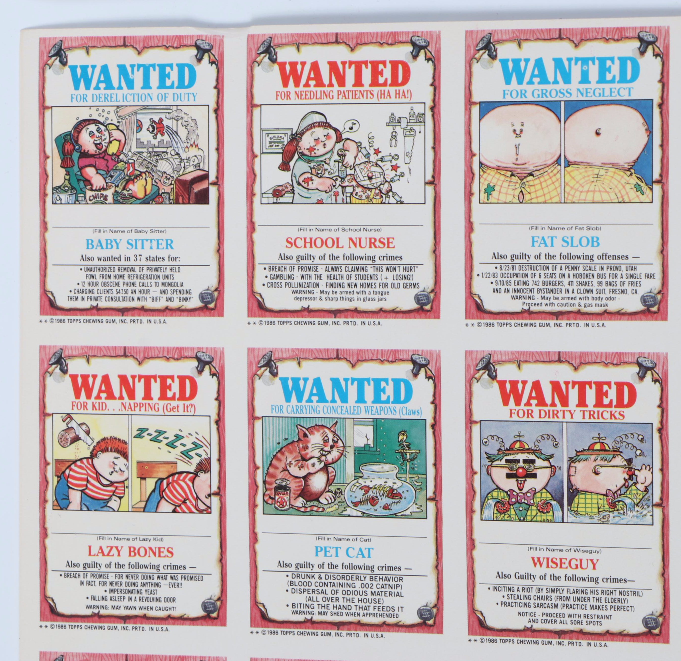 Topps Garbage Pail Kids Uncut Trading Card Sheets, 1986