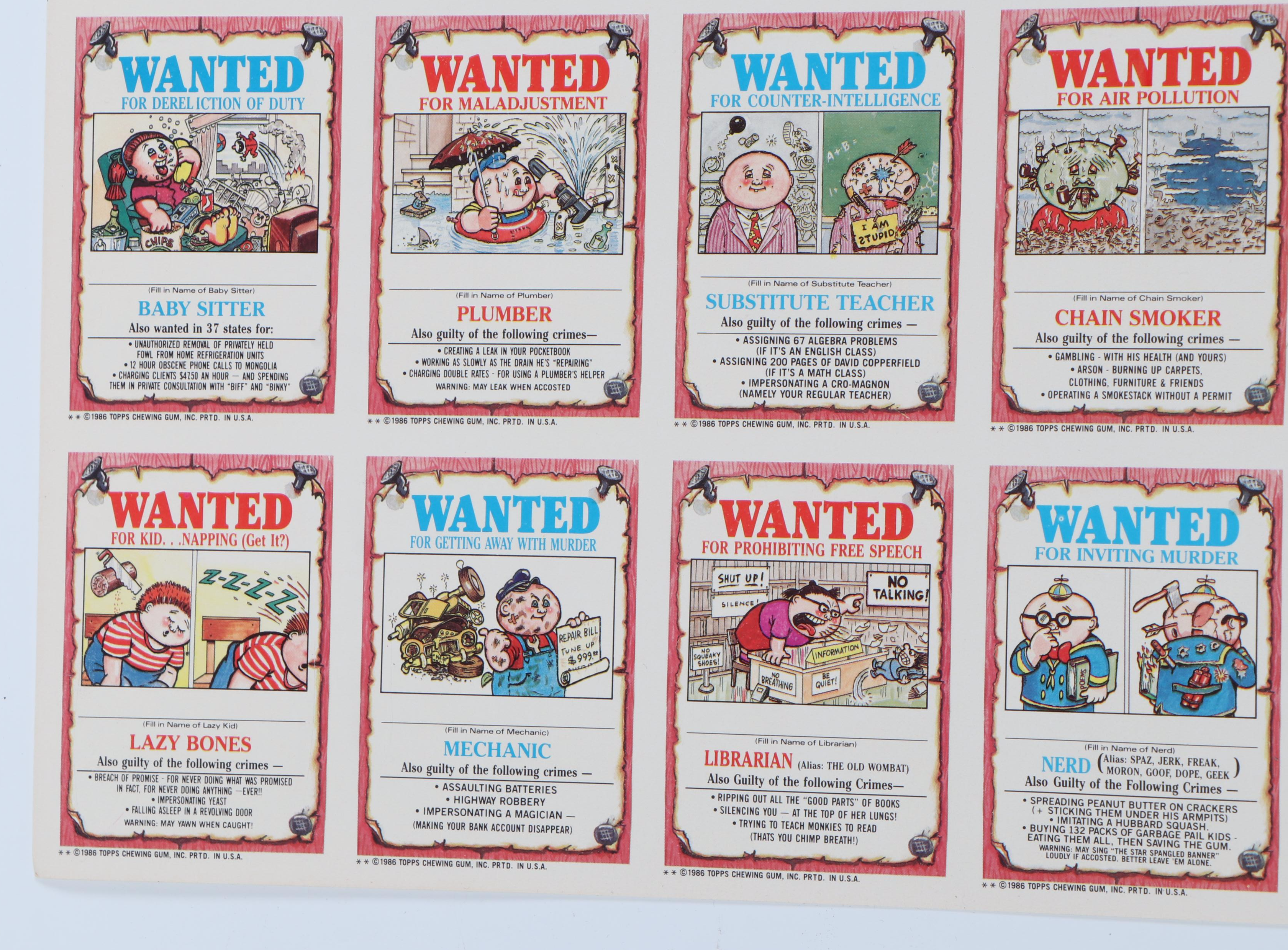 Topps Garbage Pail Kids Uncut Trading Card Sheets, 1986